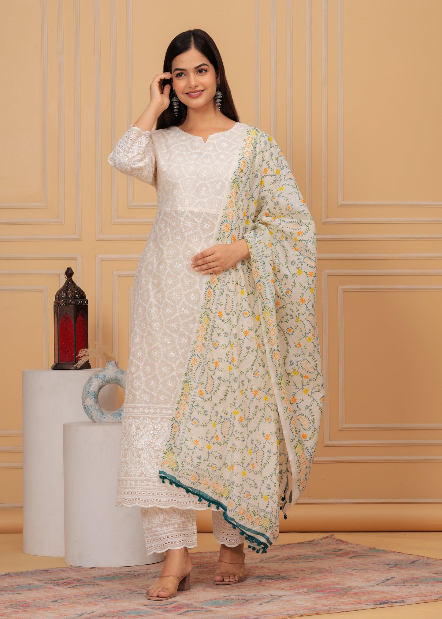 Chikankari Off White Suit Set With Printed Chanderi Dupatta
