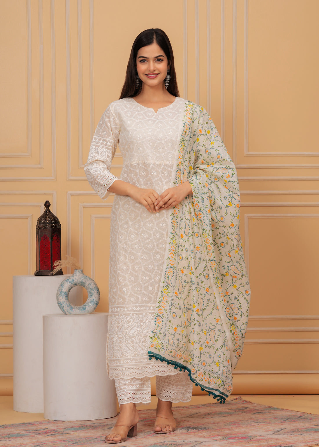 Chikankari Off White Suit Set With Printed Chanderi Dupatta