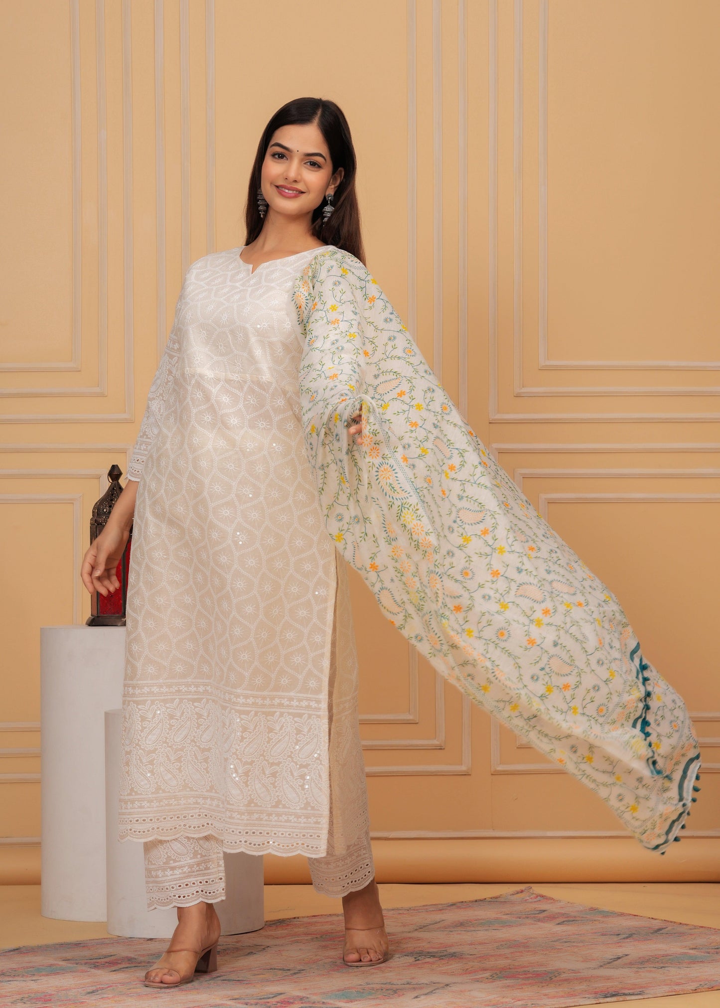 Chikankari Off White Suit Set With Printed Chanderi Dupatta