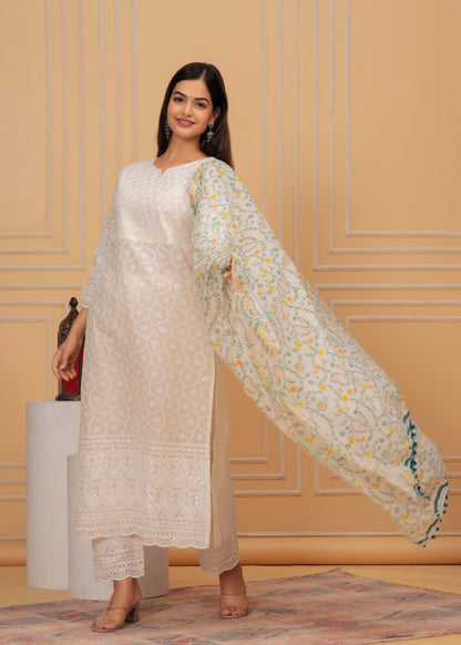 Chikankari Off White Suit Set With Printed Chanderi Dupatta