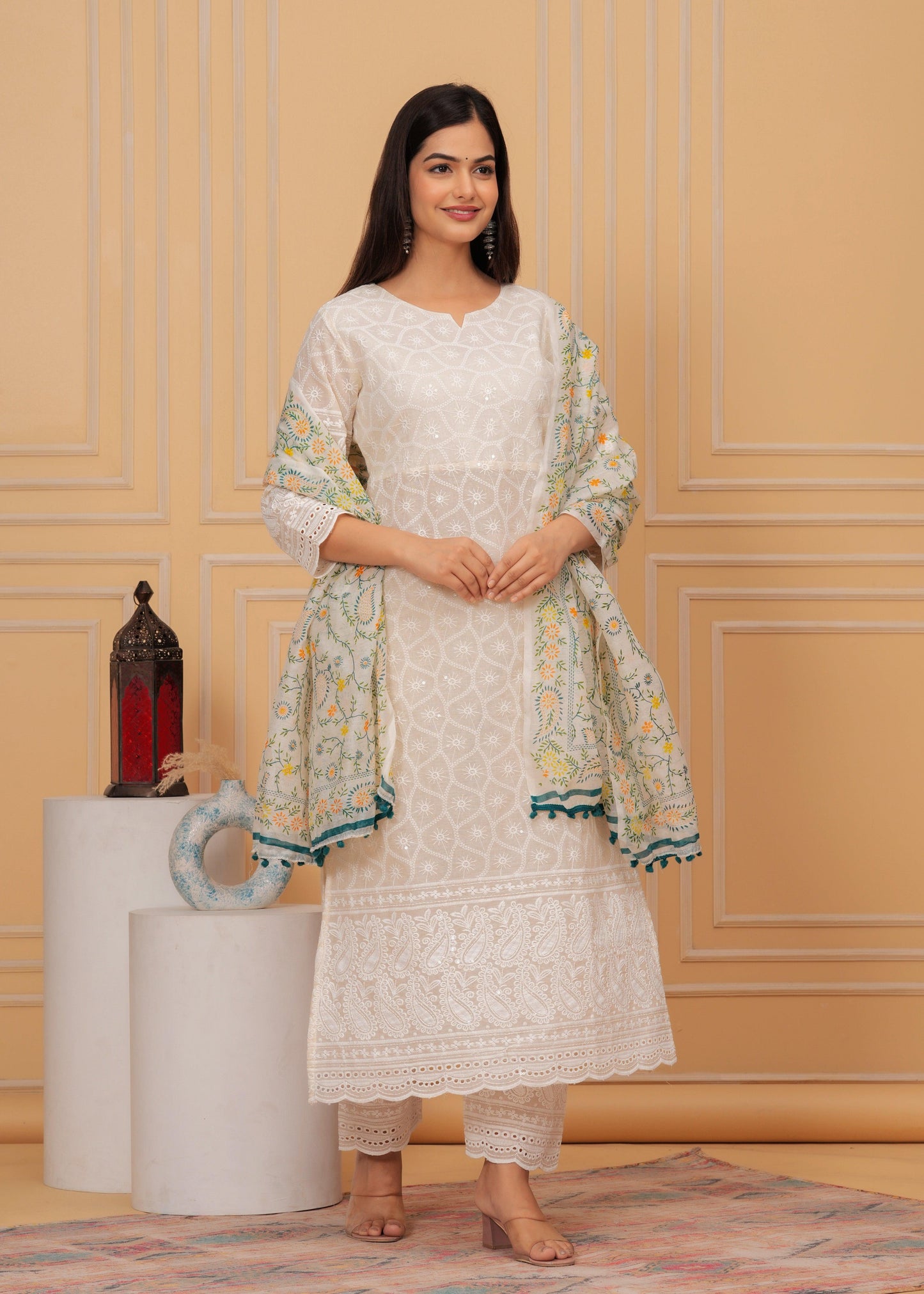Chikankari Off White Suit Set With Printed Chanderi Dupatta