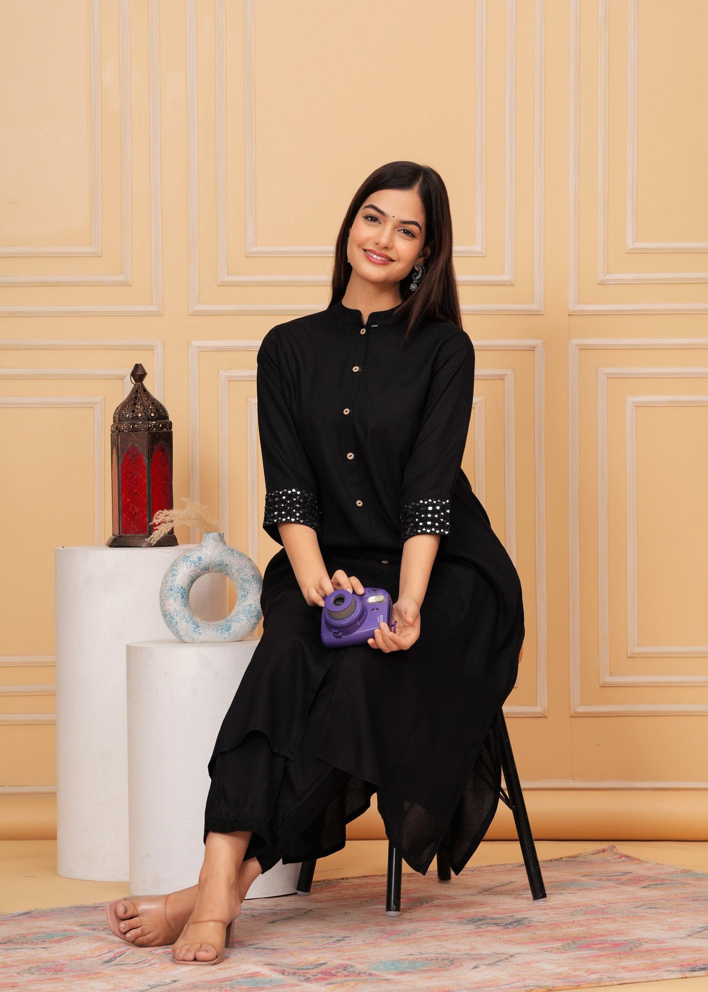 Black Embellished A-Line Rayon Kurta Set