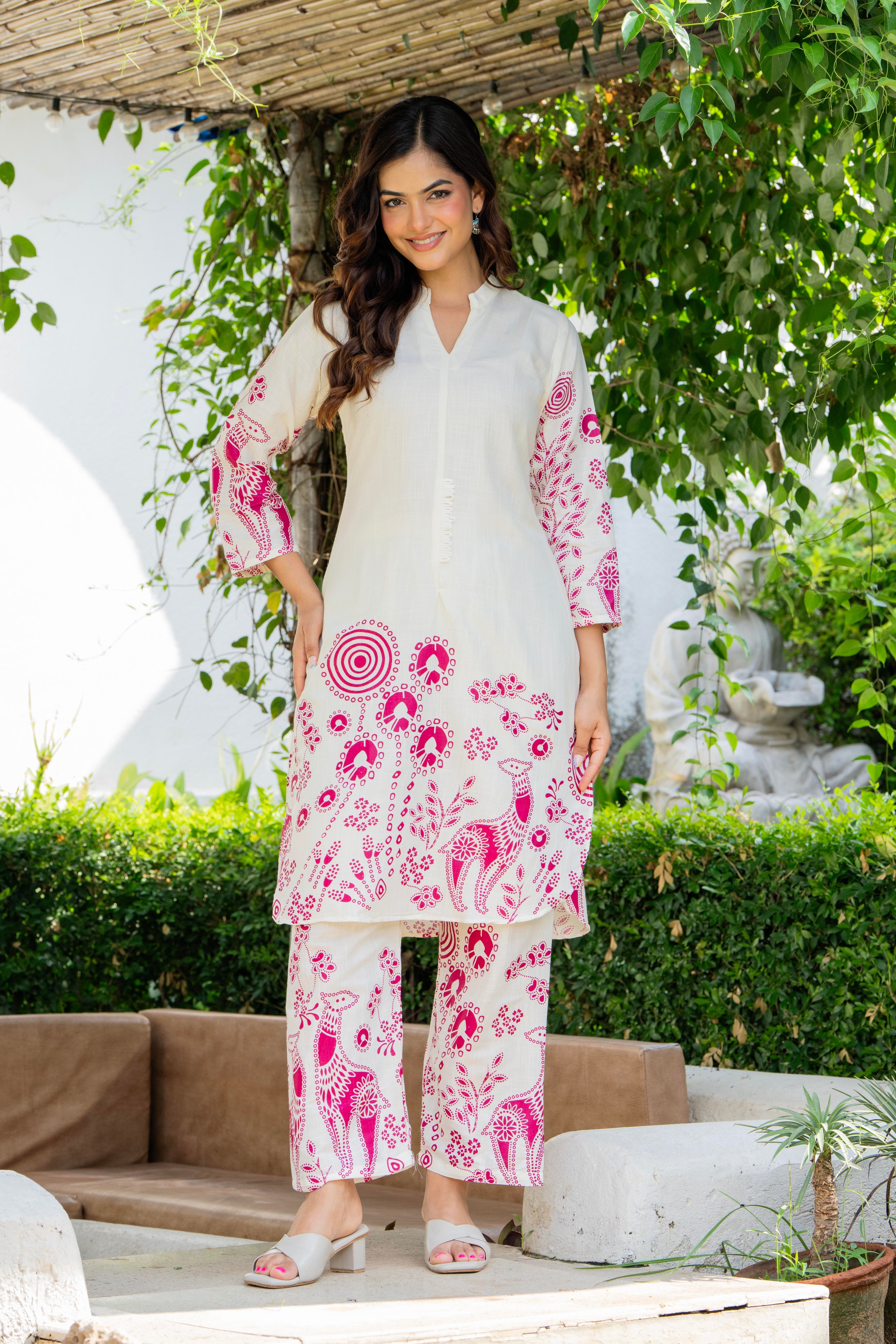 Off White Printed Cotton Flex Co-Ord Set
