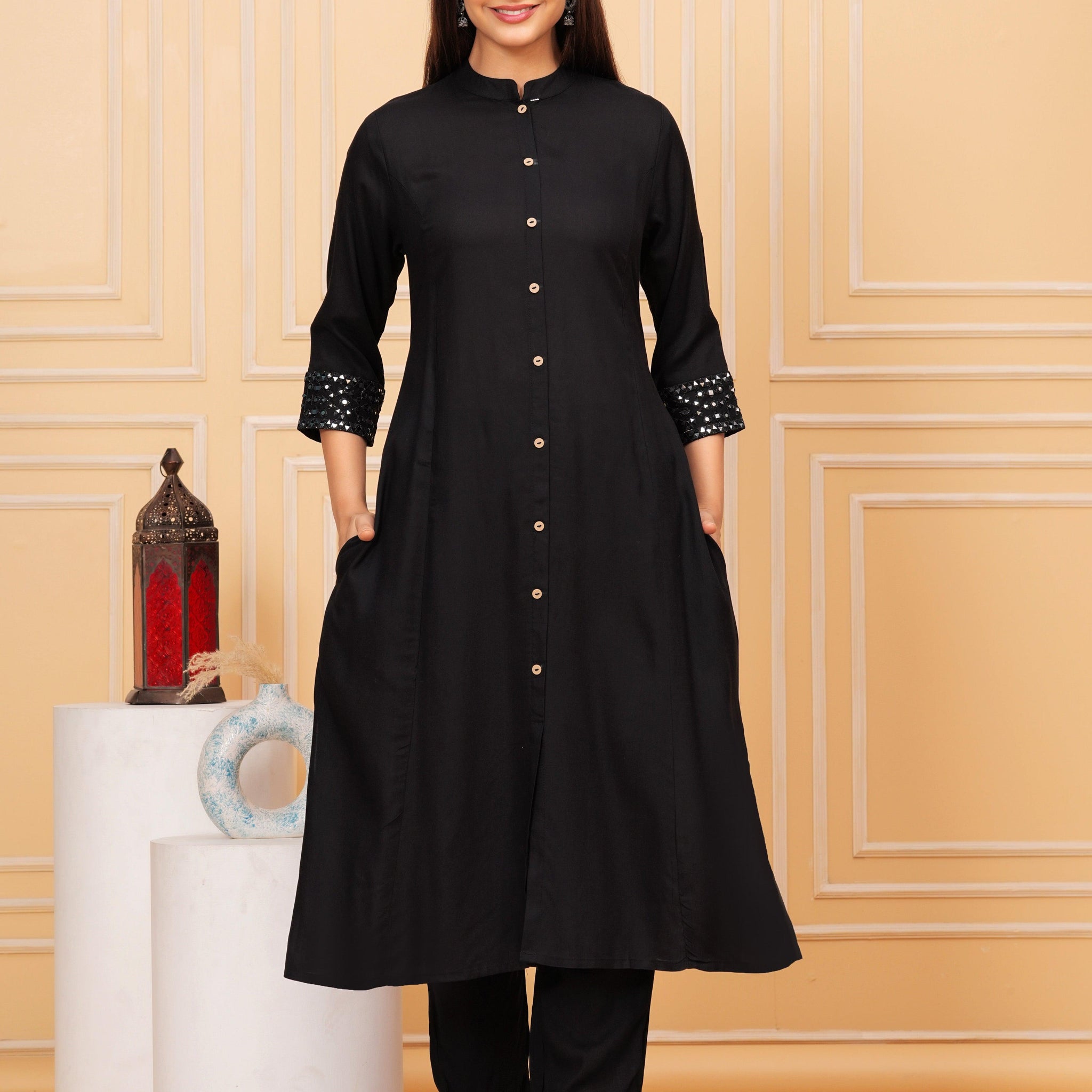 Black Embellished A-Line Rayon Kurta Set