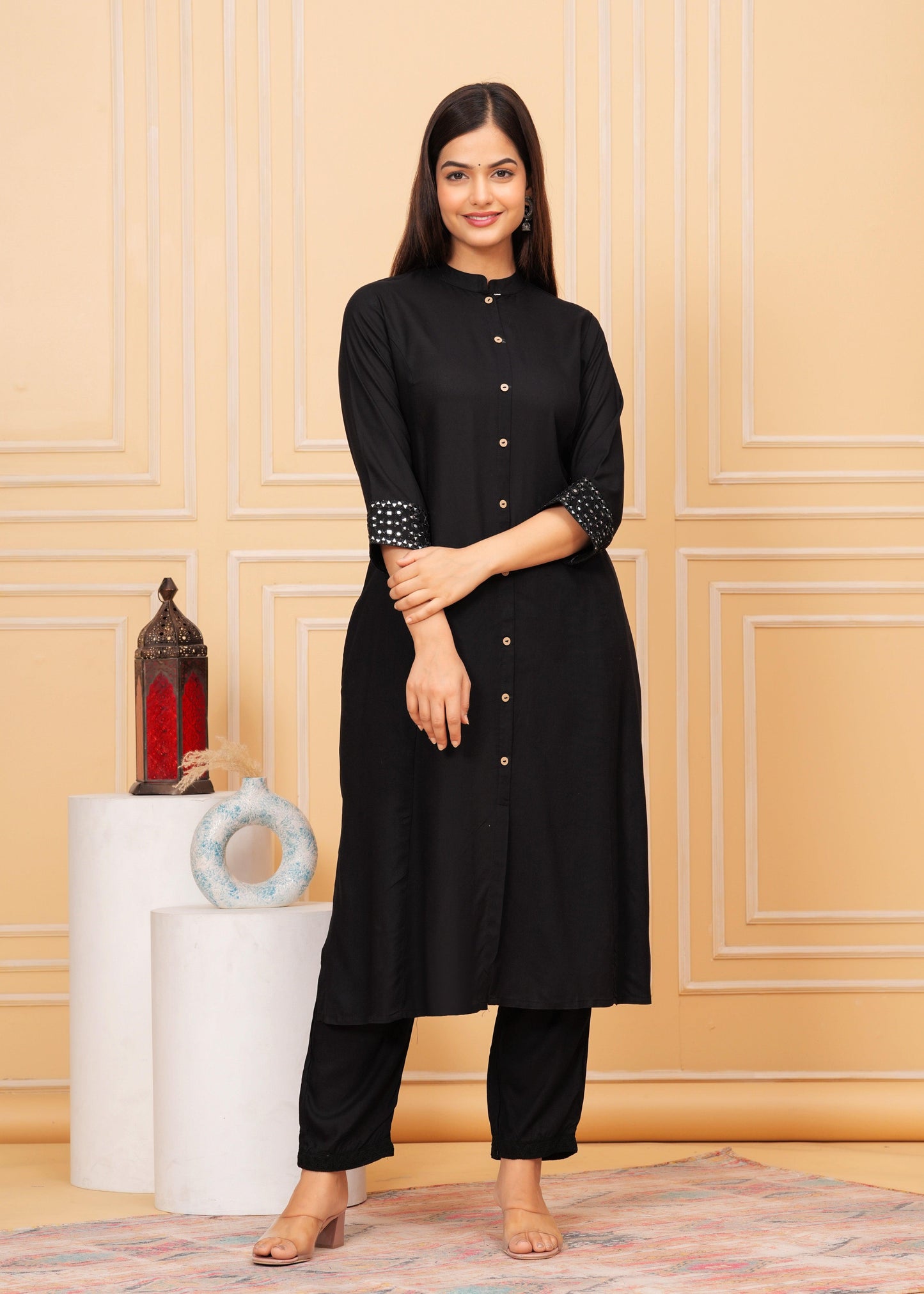 Black Embellished A-Line Rayon Kurta Set