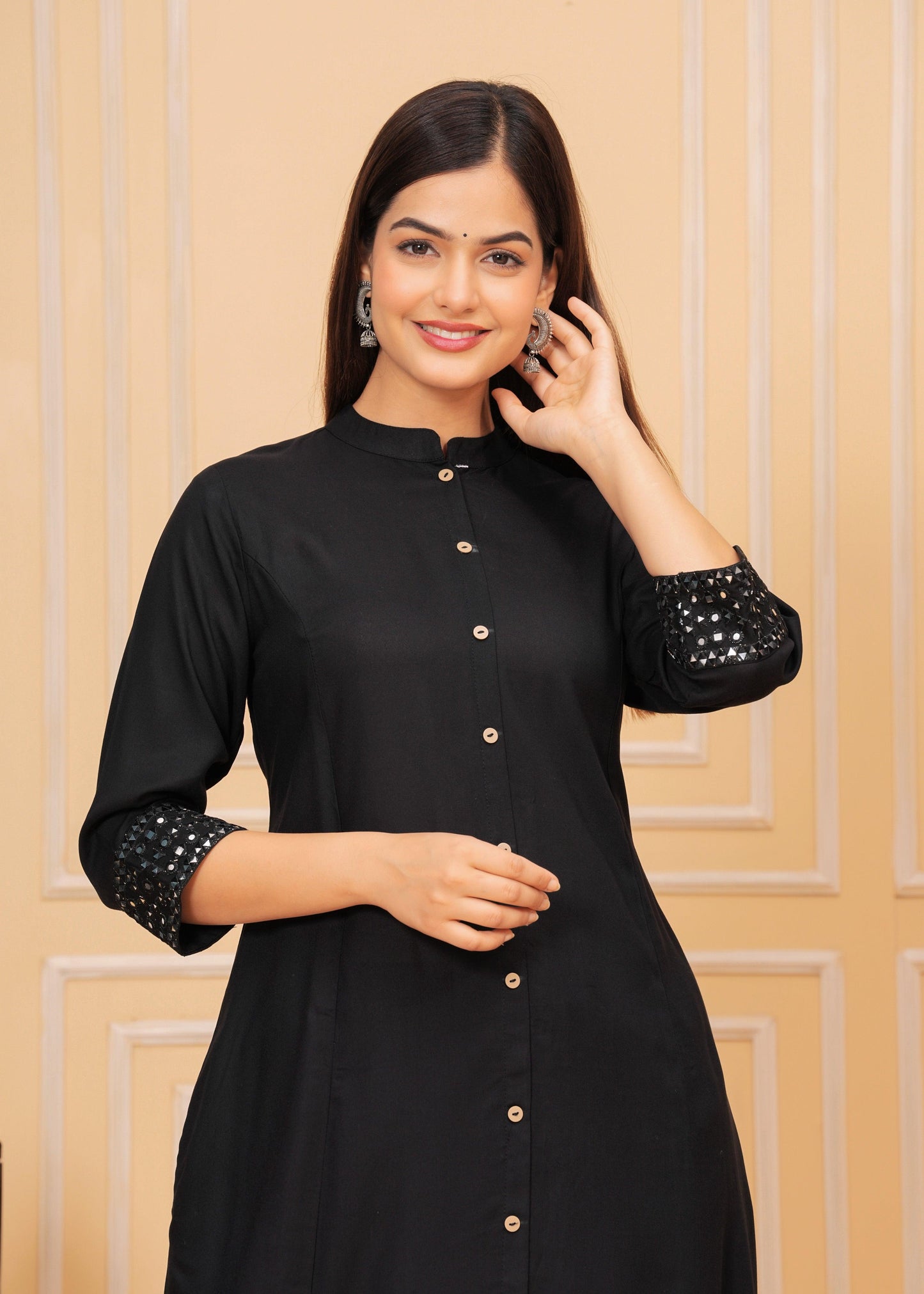 Black Embellished A-Line Rayon Kurta Set