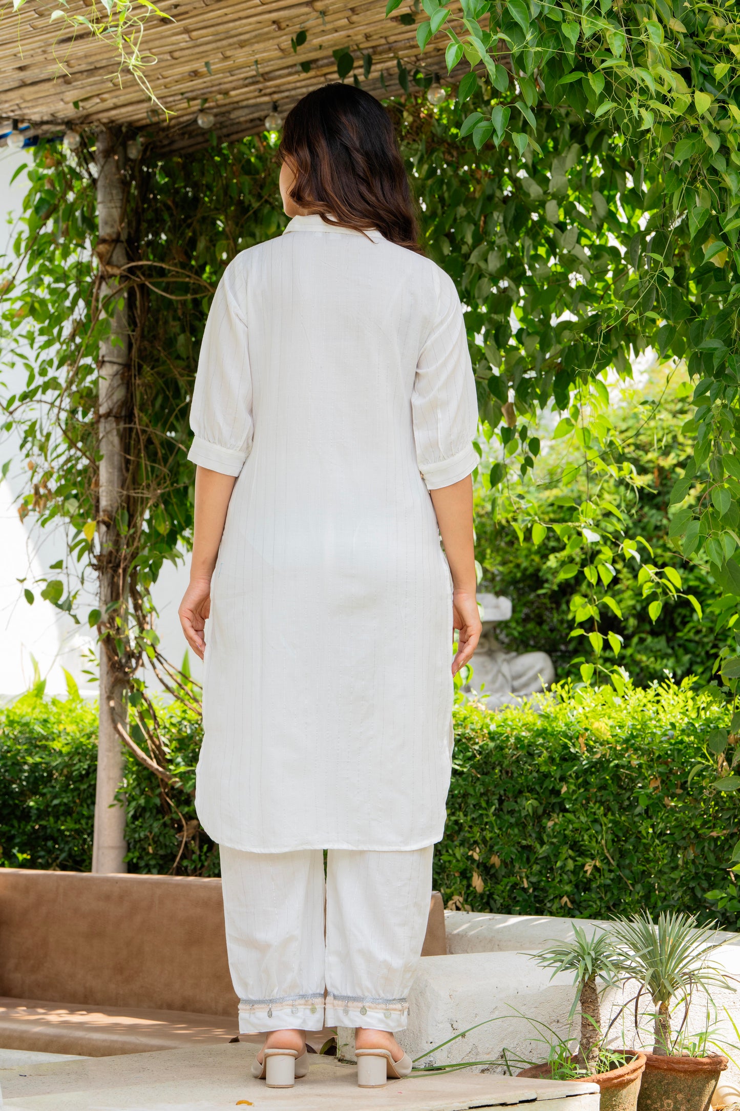 Off White Embellished Cotton Lurex Kurta and Pant Set