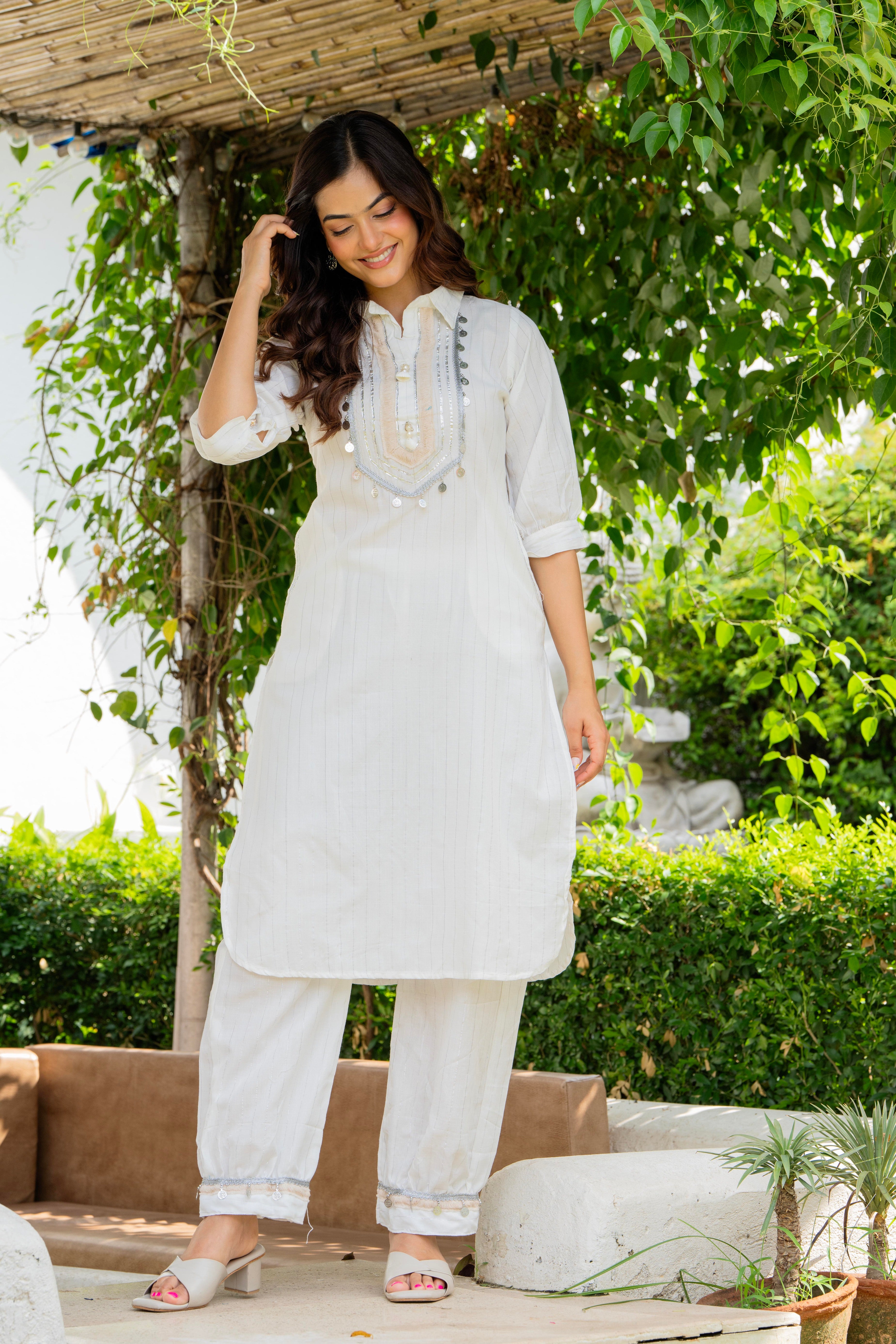 Off White Embellished Cotton Lurex Kurta and Pant Set