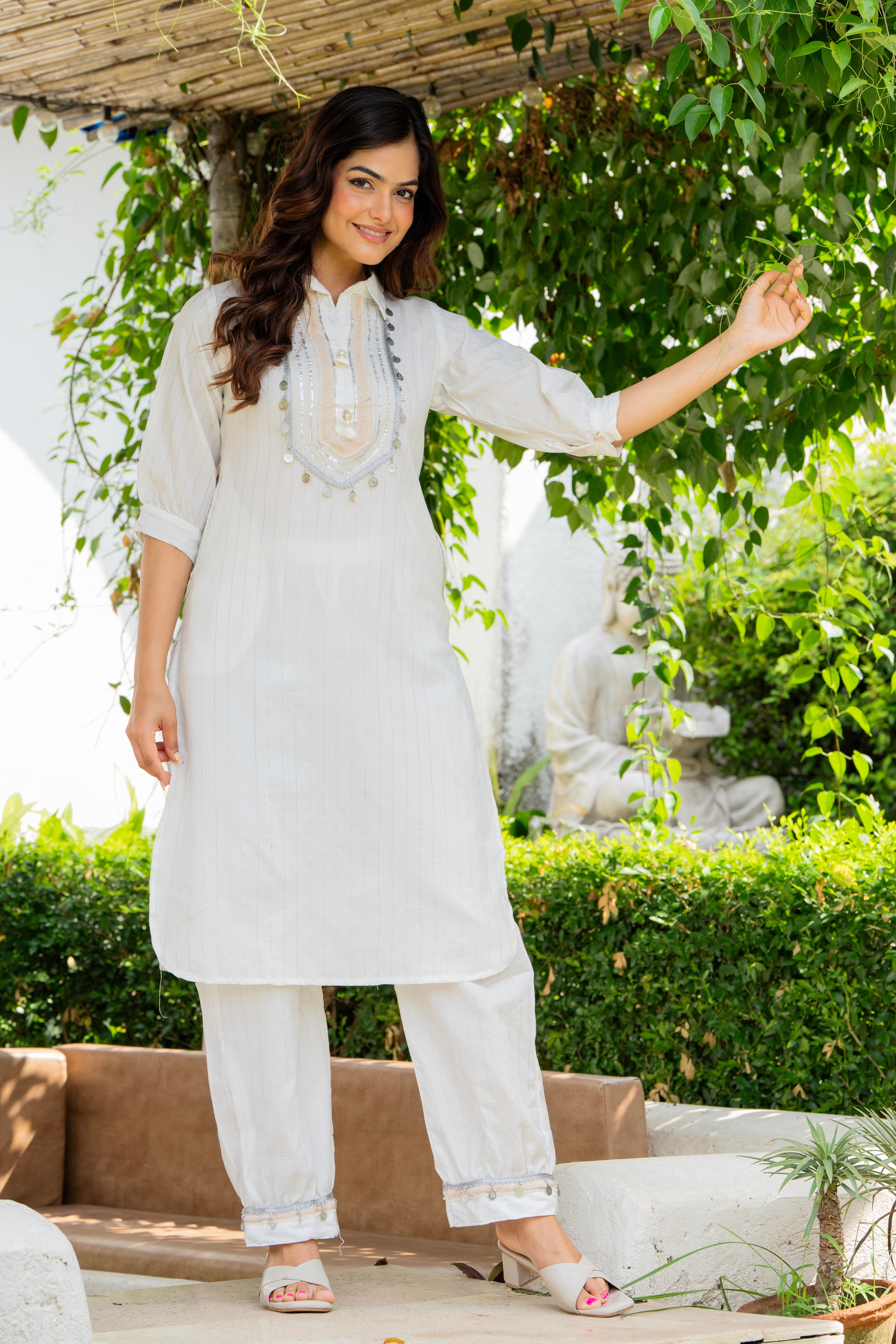 Off White Embellished Cotton Lurex Kurta and Pant Set