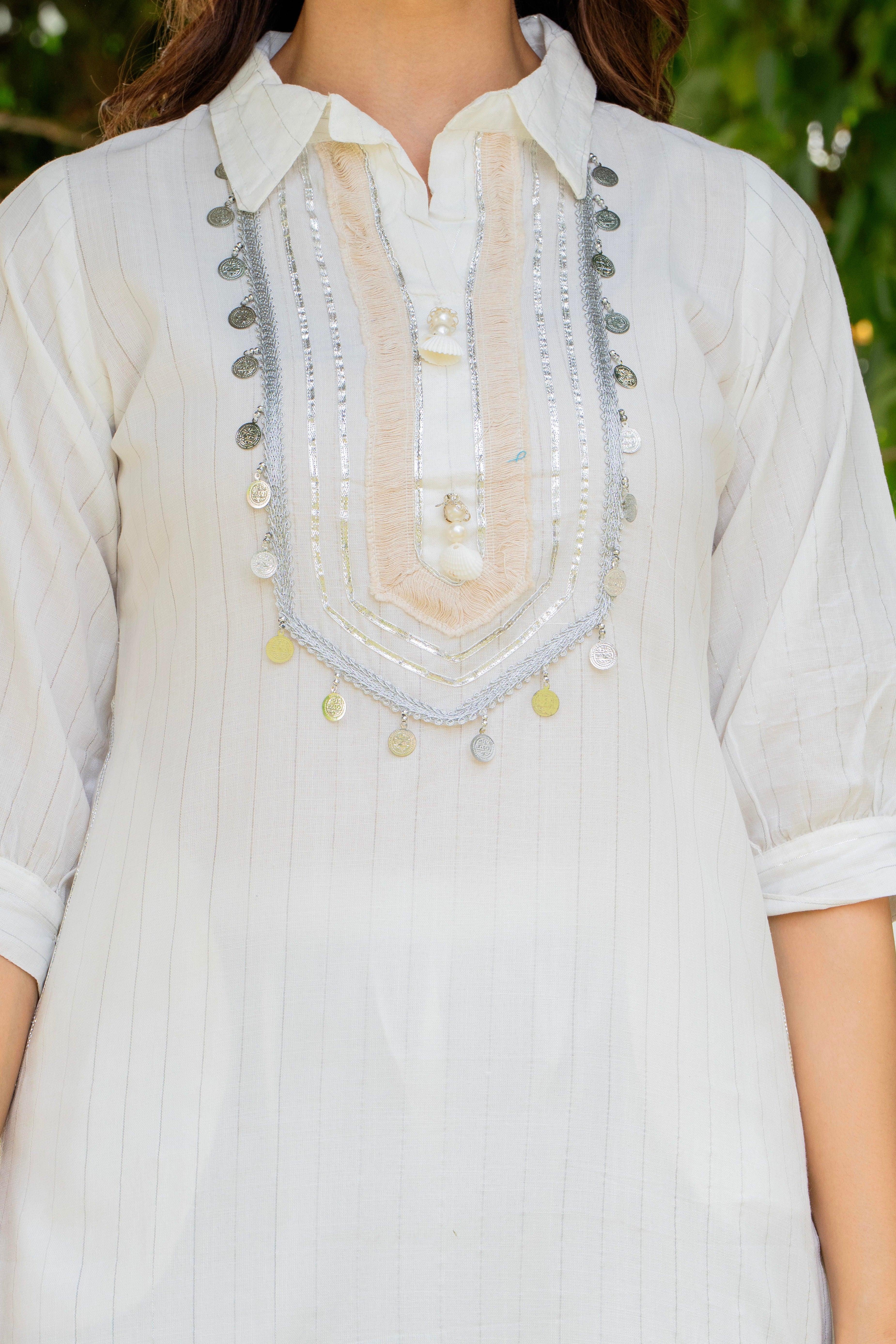 Off White Embellished Cotton Lurex Kurta and Pant Set