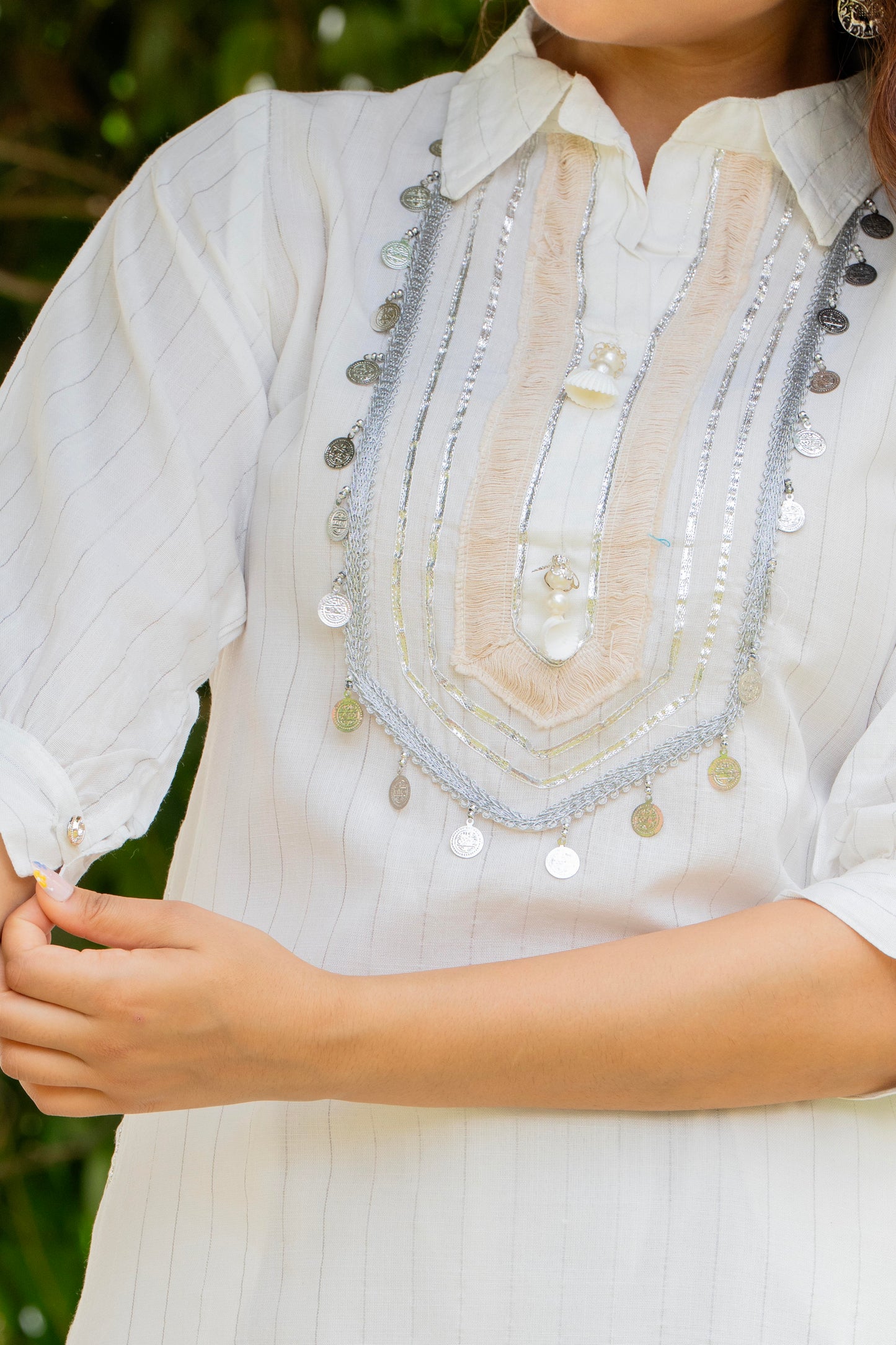 Off White Embellished Cotton Lurex Kurta and Pant Set