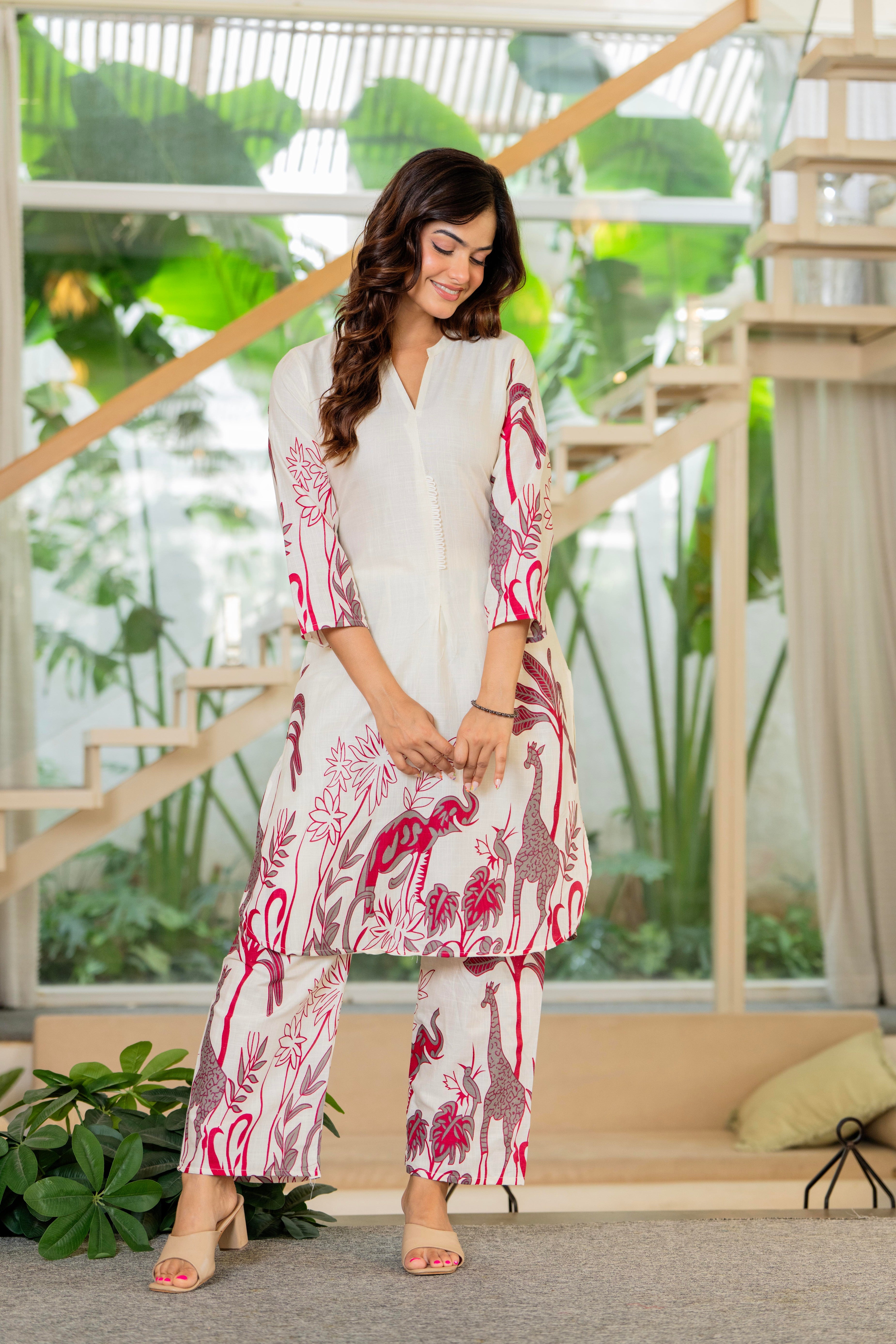 Off White Printed Cotton Flex Co-Ord Set