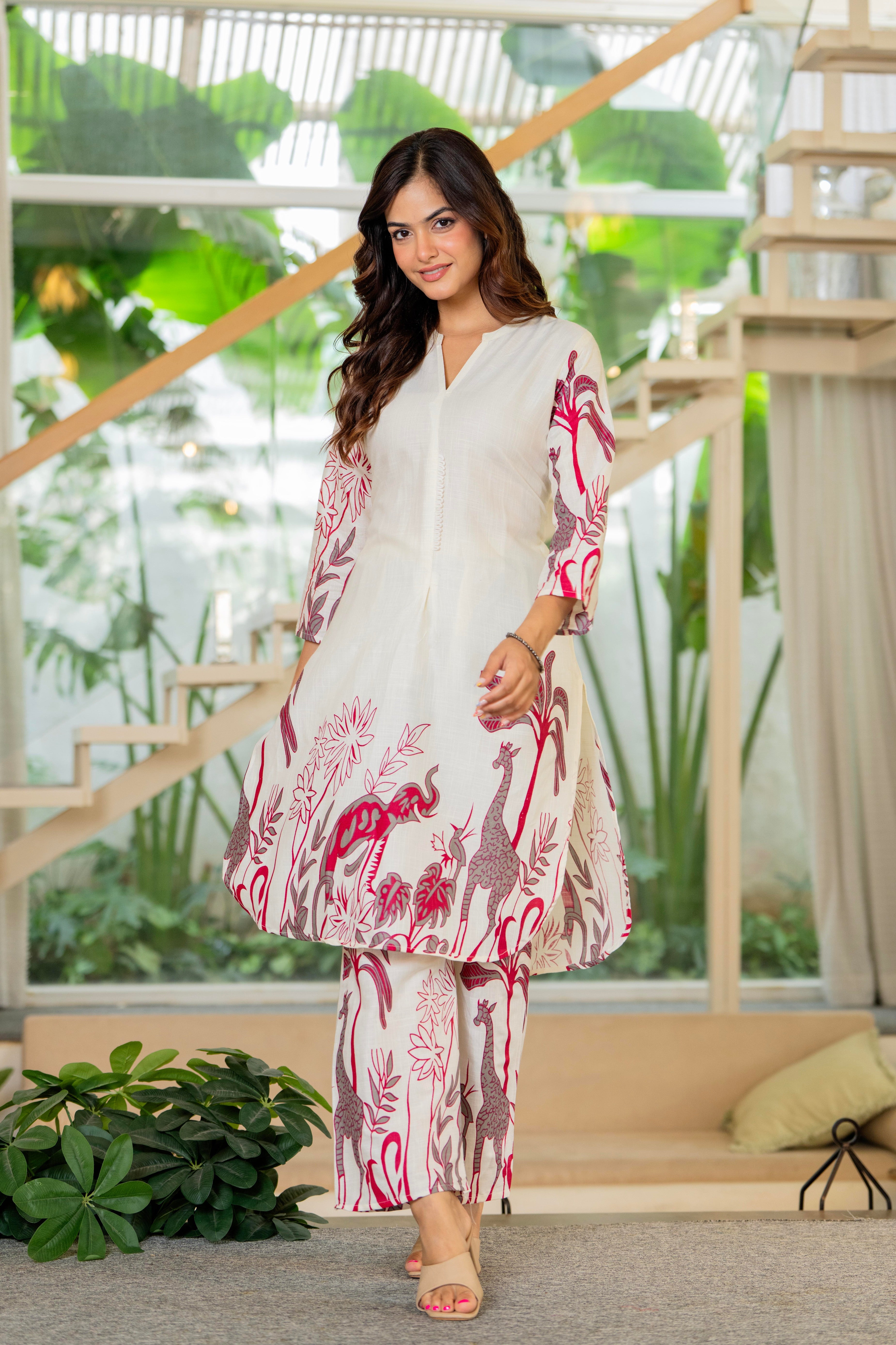Off White Printed Cotton Flex Co-Ord Set