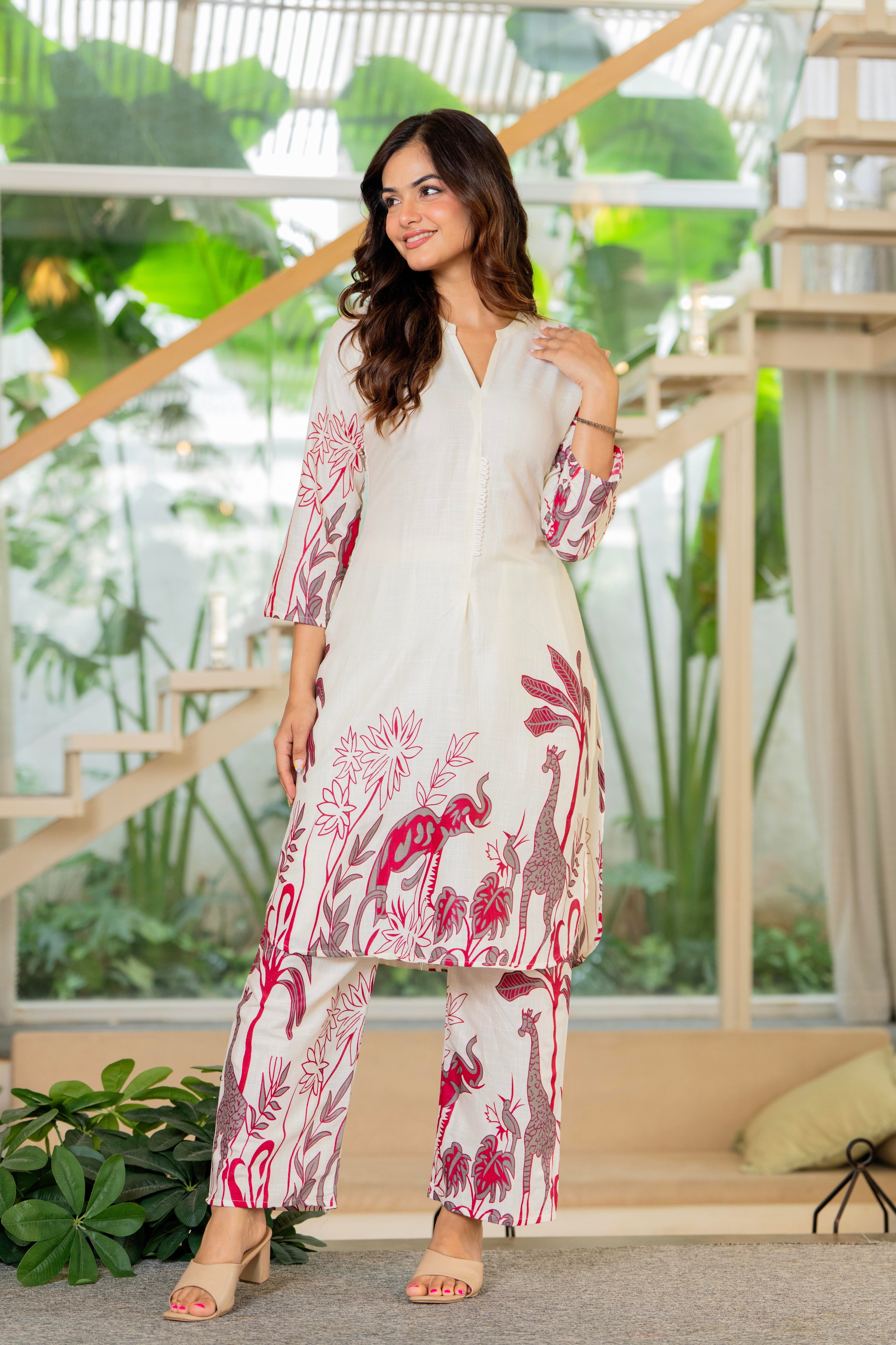 Off White Printed Cotton Flex Co-Ord Set