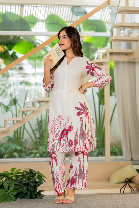 Off White Printed Cotton Flex Co-Ord Set