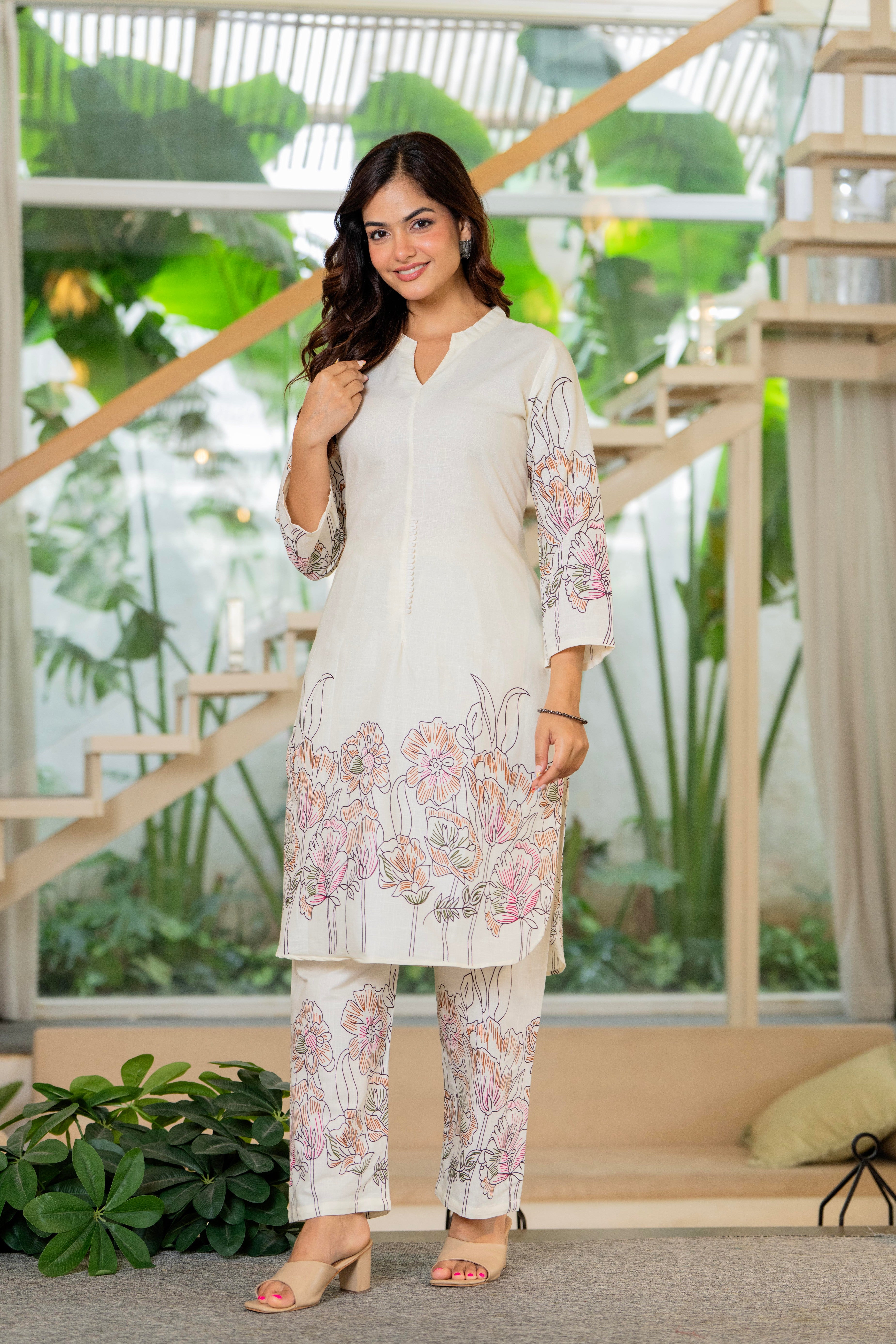 Off White Printed Cotton Flex Co-Ord Set