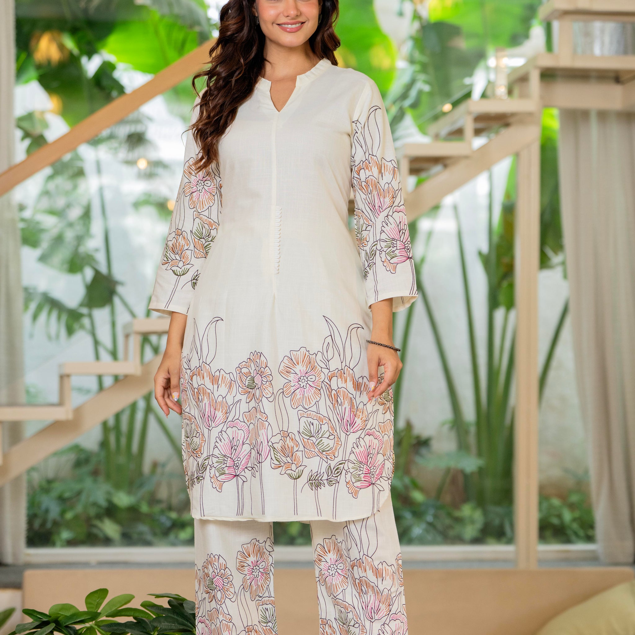 Off White Printed Cotton Flex Co-Ord Set