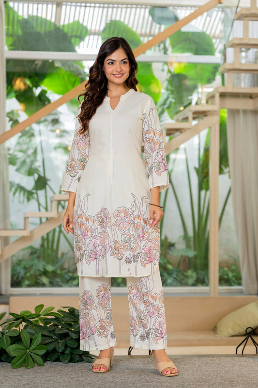 Off White Printed Cotton Flex Co-Ord Set