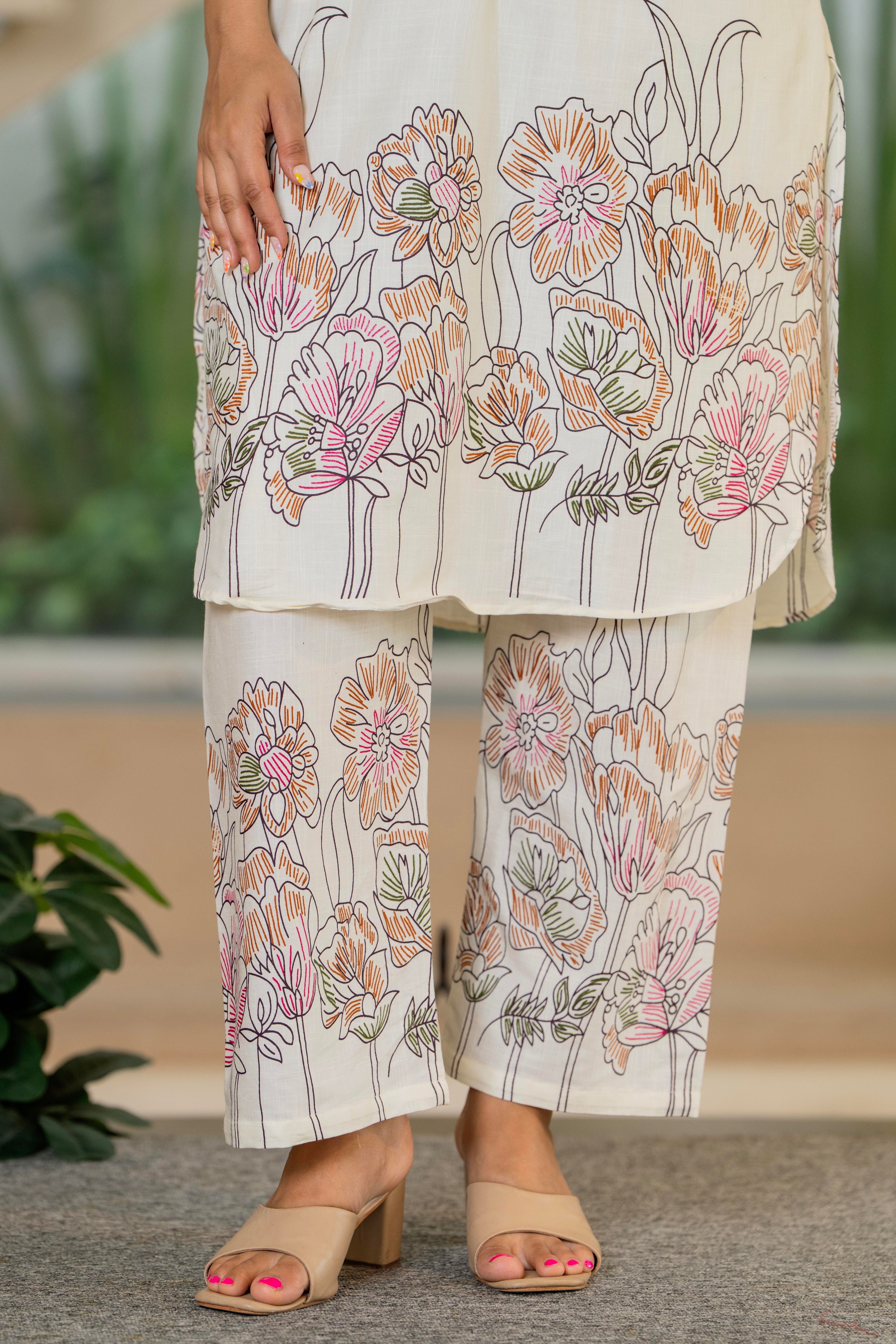 Off White Printed Cotton Flex Co-Ord Set