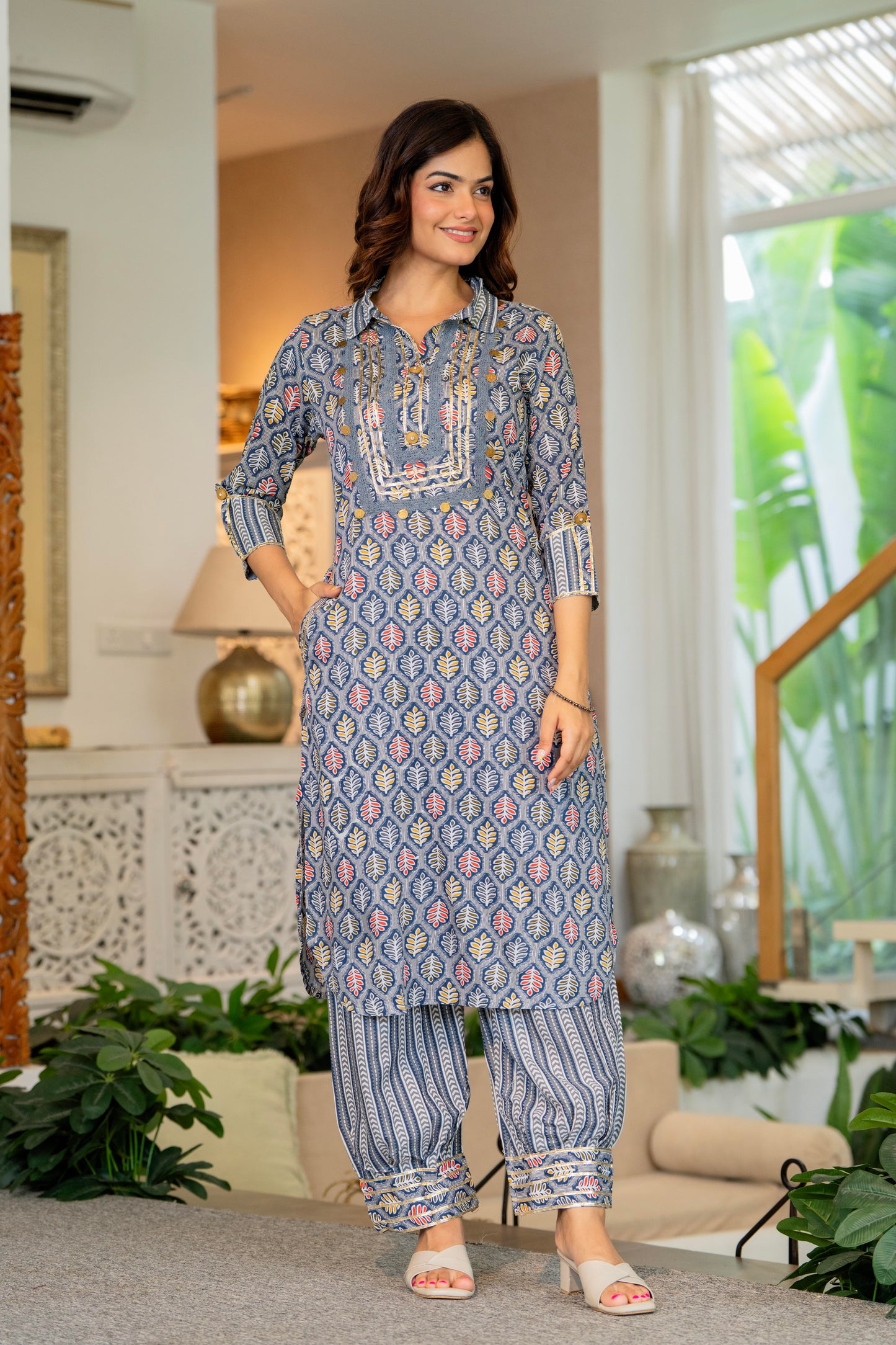 Oslo Grey Embellished Rayon Kurta and Pant Set