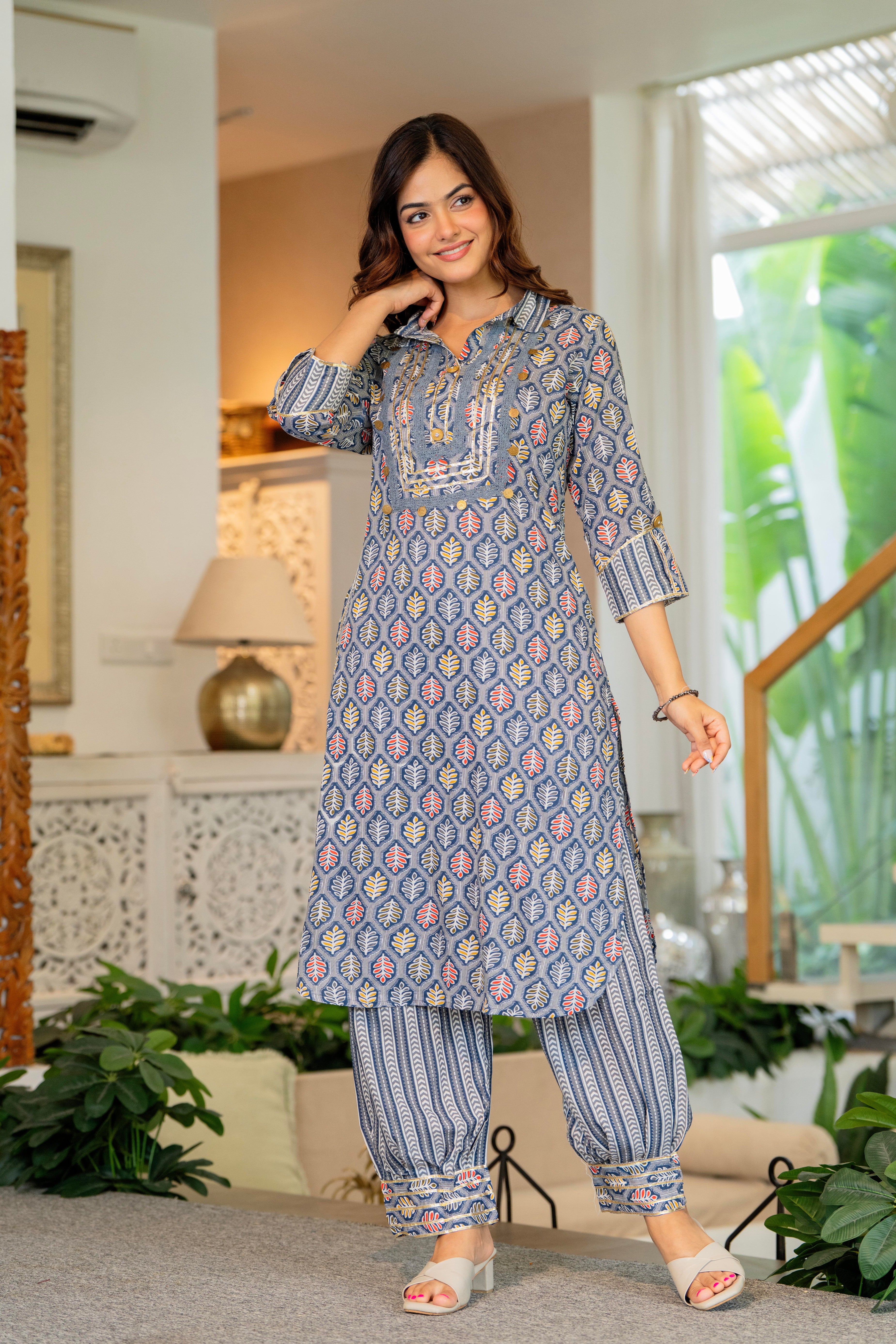 Oslo Grey Embellished Rayon Kurta and Pant Set
