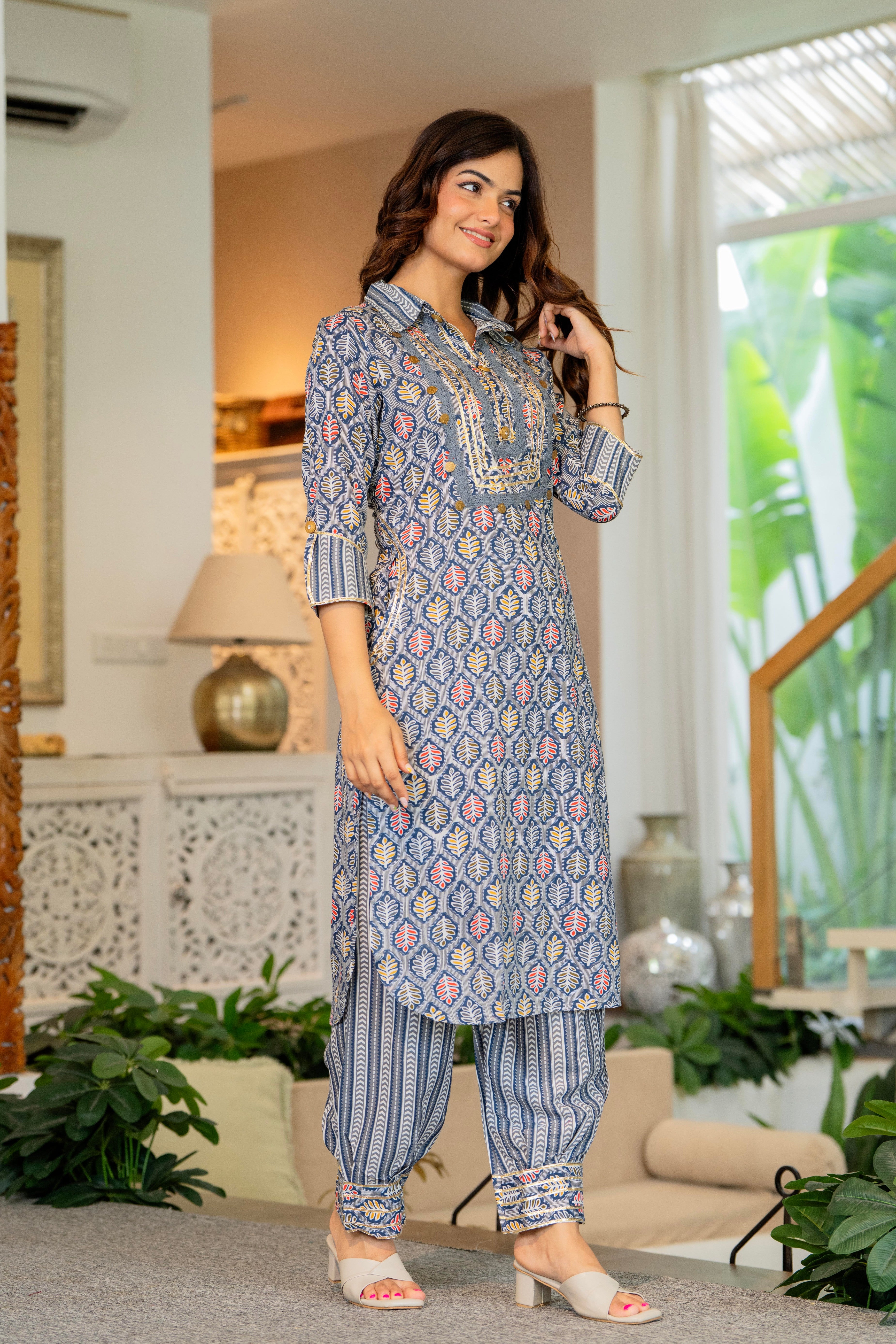 Oslo Grey Embellished Rayon Kurta and Pant Set