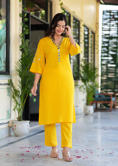 Yellow Mirror Work Cotton Kurta Set