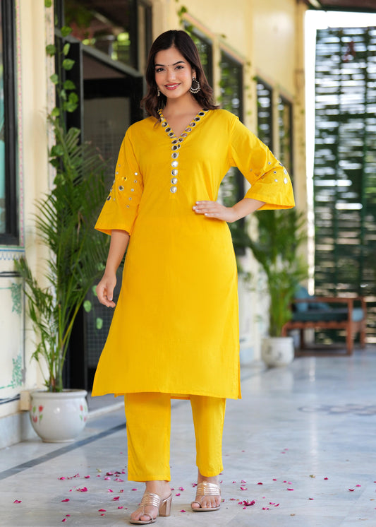 Yellow Mirror Work Cotton Kurta Set