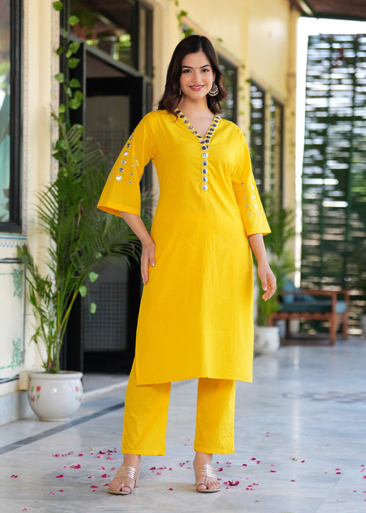 Yellow Mirror Work Cotton Kurta Set