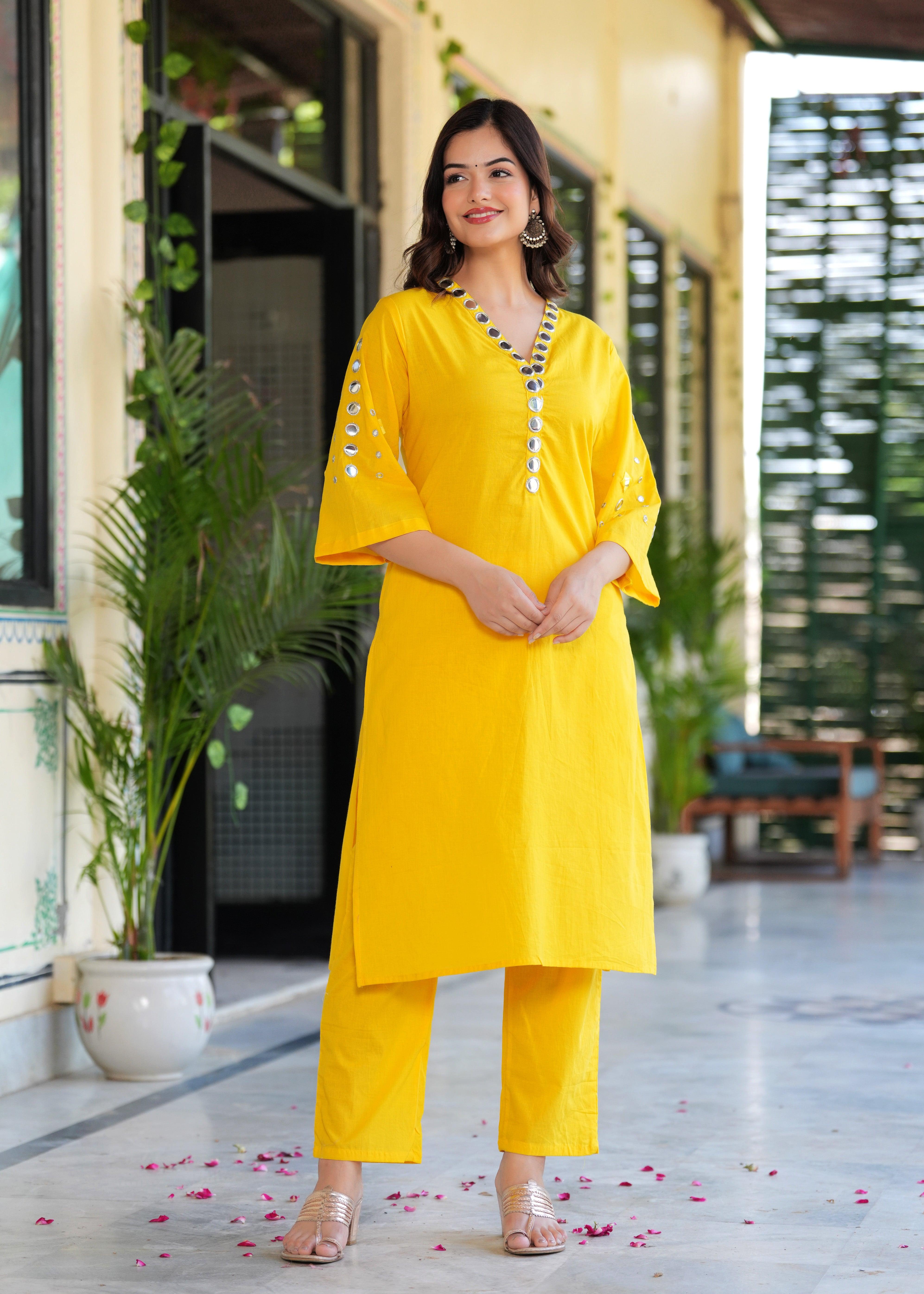Yellow Mirror Work Cotton Kurta Set