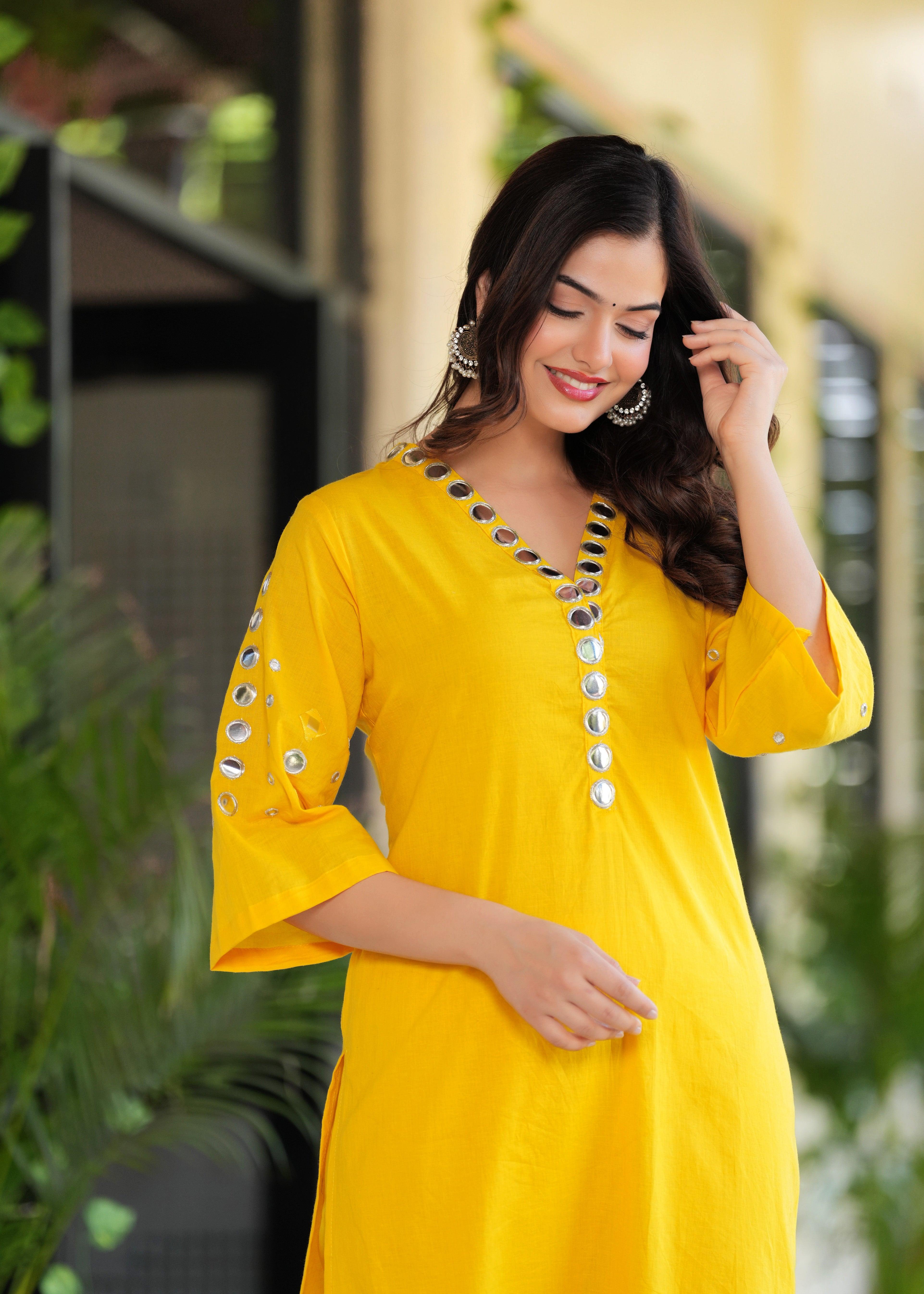 Yellow Mirror Work Cotton Kurta Set