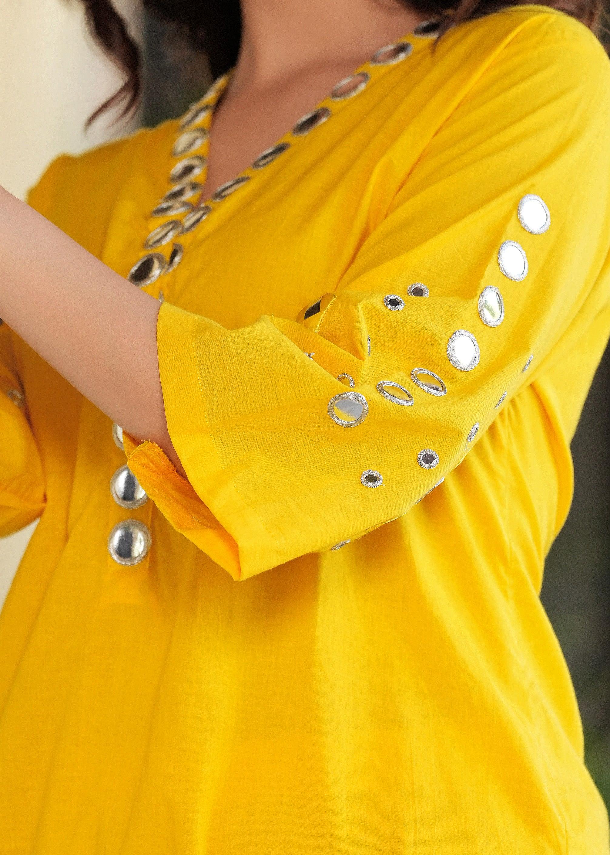 Yellow Mirror Work Cotton Kurta Set