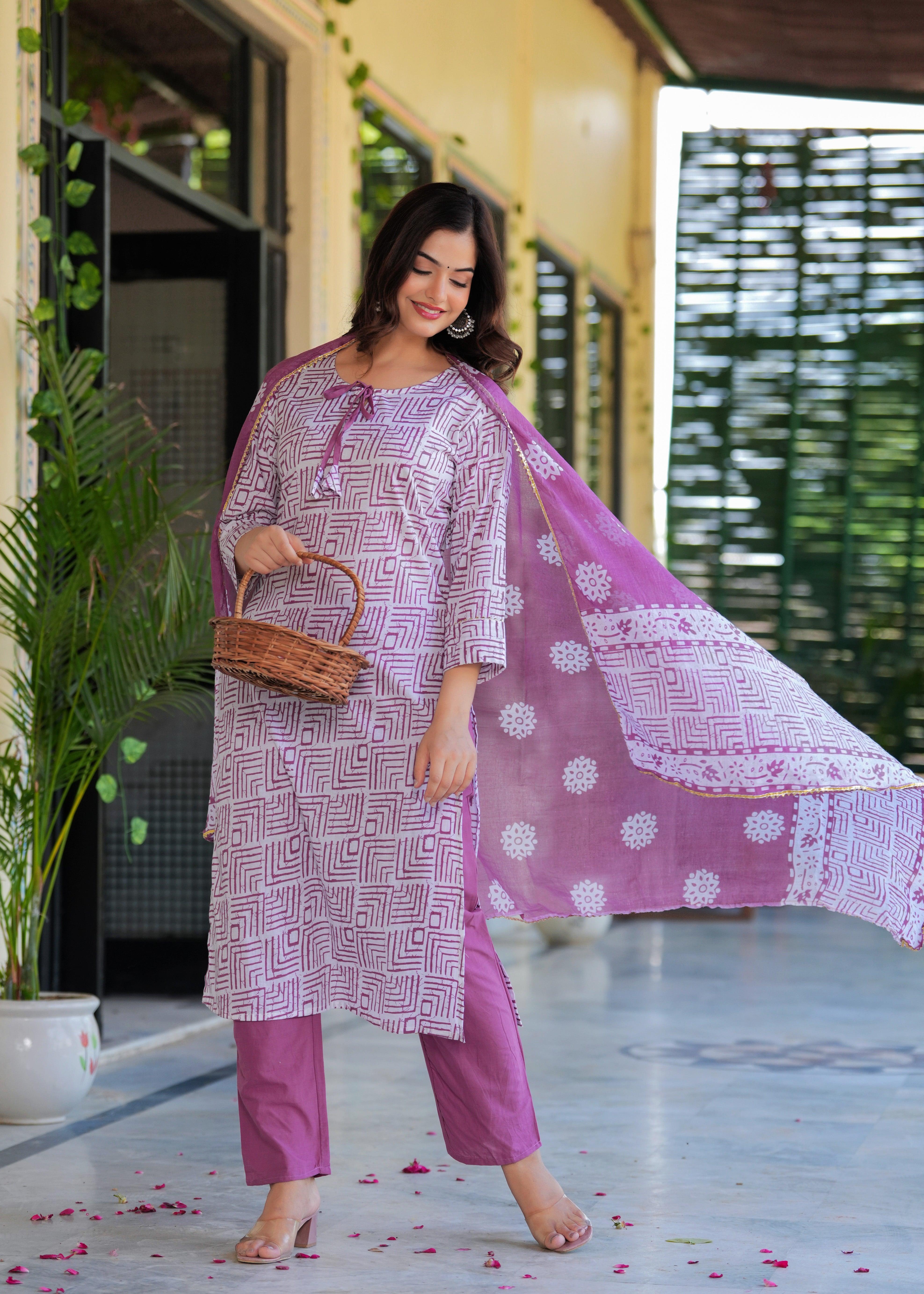 Dusky Purple Printed Cotton Suit Set with Mulmul Dupatta
