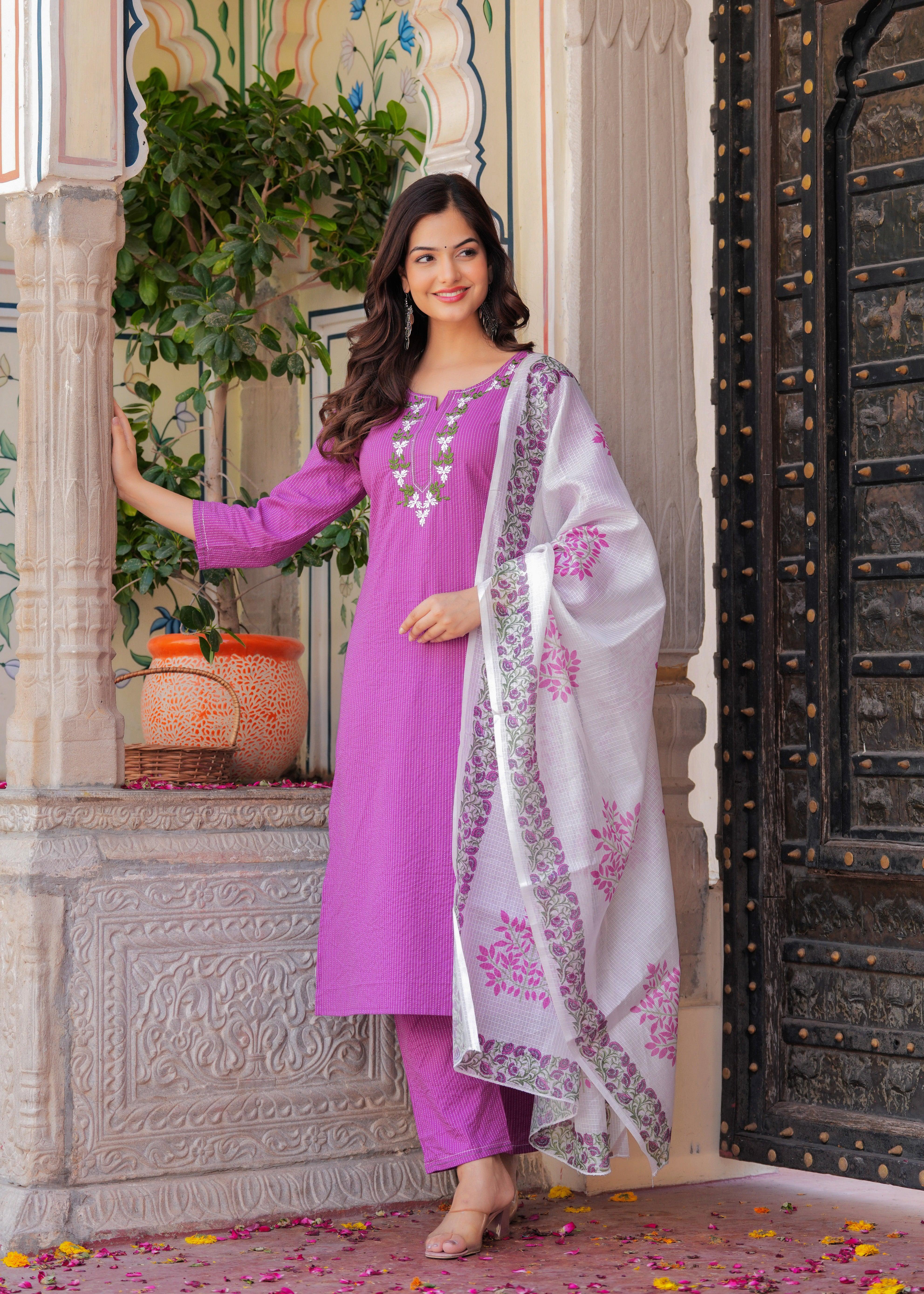 Purple Embroidered Katha Cotton Suit Set with Dupatta