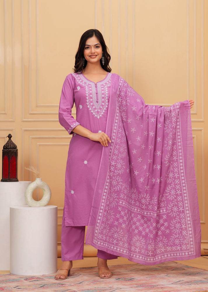 Pastel Lavender Silk Suit Set with Floral Dupatta main image 1