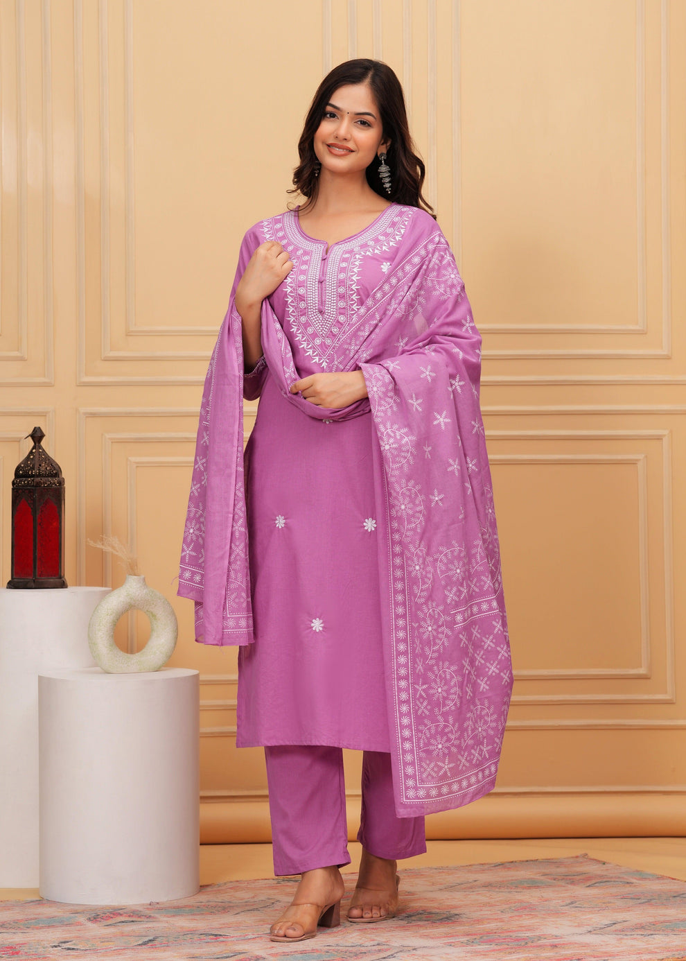 Women Lavender Cotton Embroidery work Kurta Set With Dupatta