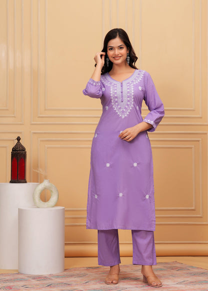 Purple Embroidered Cotton Suit Set with Printed Mulmul Dupatta