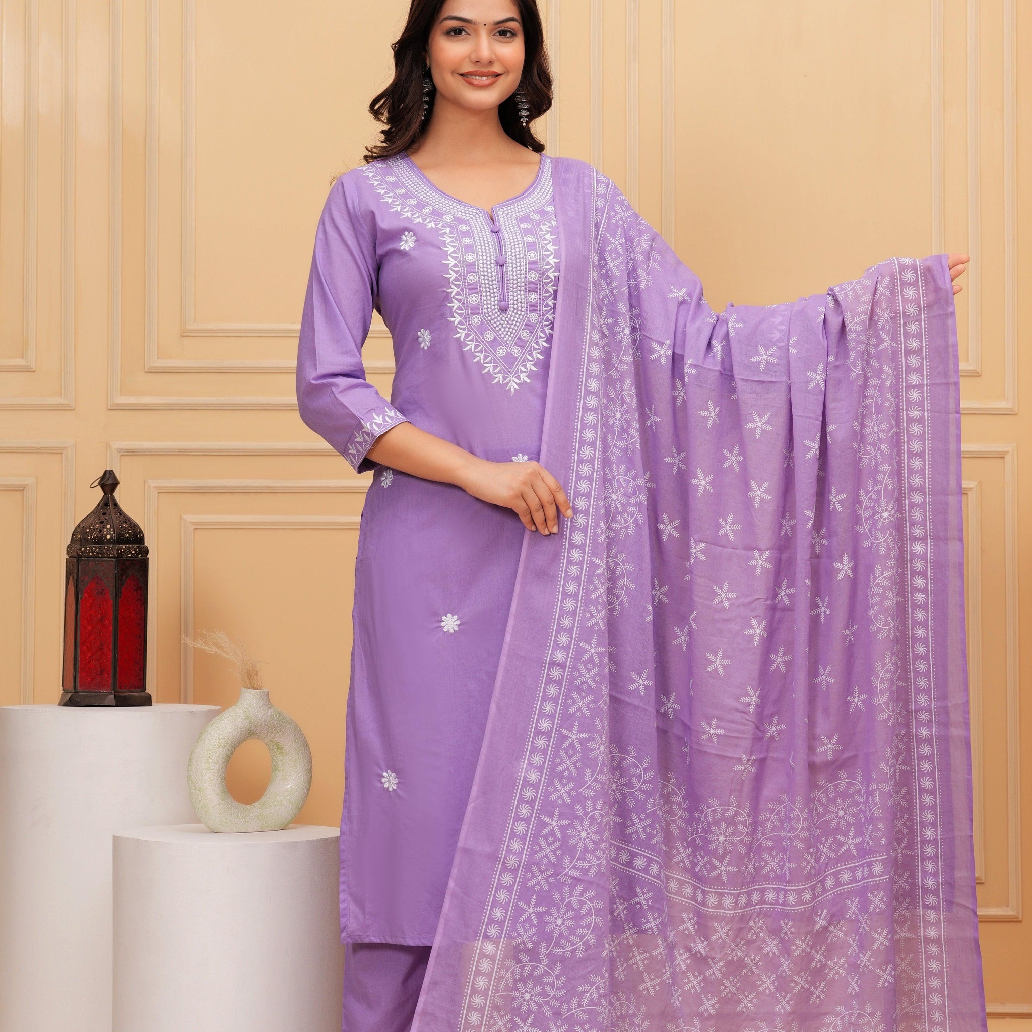 Purple Embroidered Cotton Suit Set with Printed Mulmul Dupatta