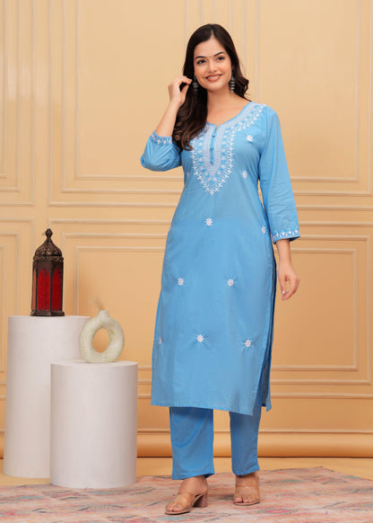 Glacier Embroidered Cotton Suit Set with Printed Mulmul Dupatta