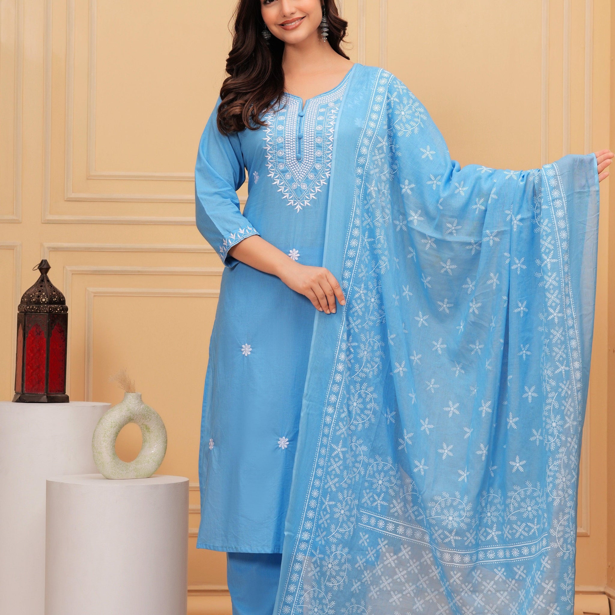 Glacier Embroidered Cotton Suit Set with Printed Mulmul Dupatta