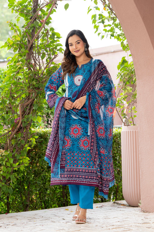 Blue Printed Handwork Cotton Suit Set with Dupatta