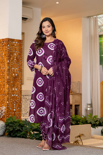 Wine Berry Printed Handwork Suit Set with Dupatta