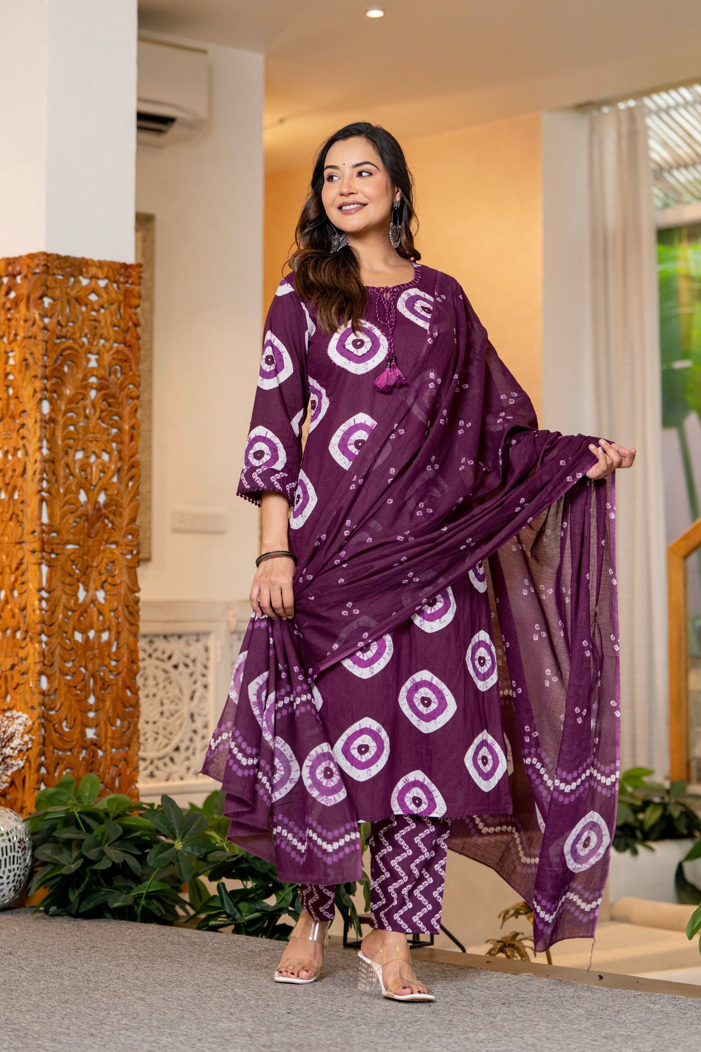 Wine Berry Printed Handwork Suit Set with Dupatta