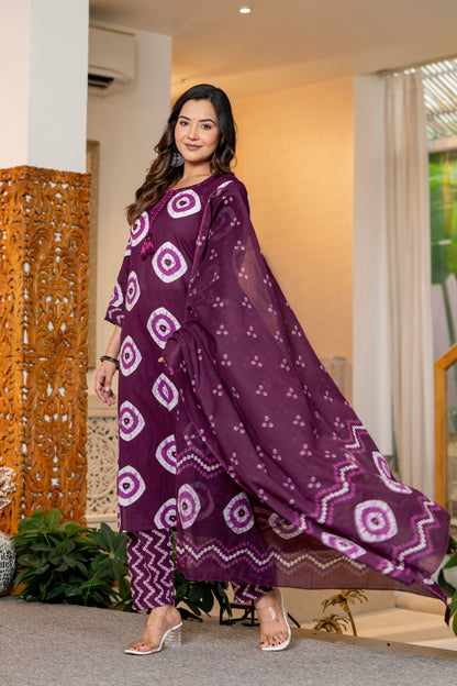Wine Berry Printed Handwork Suit Set with Dupatta