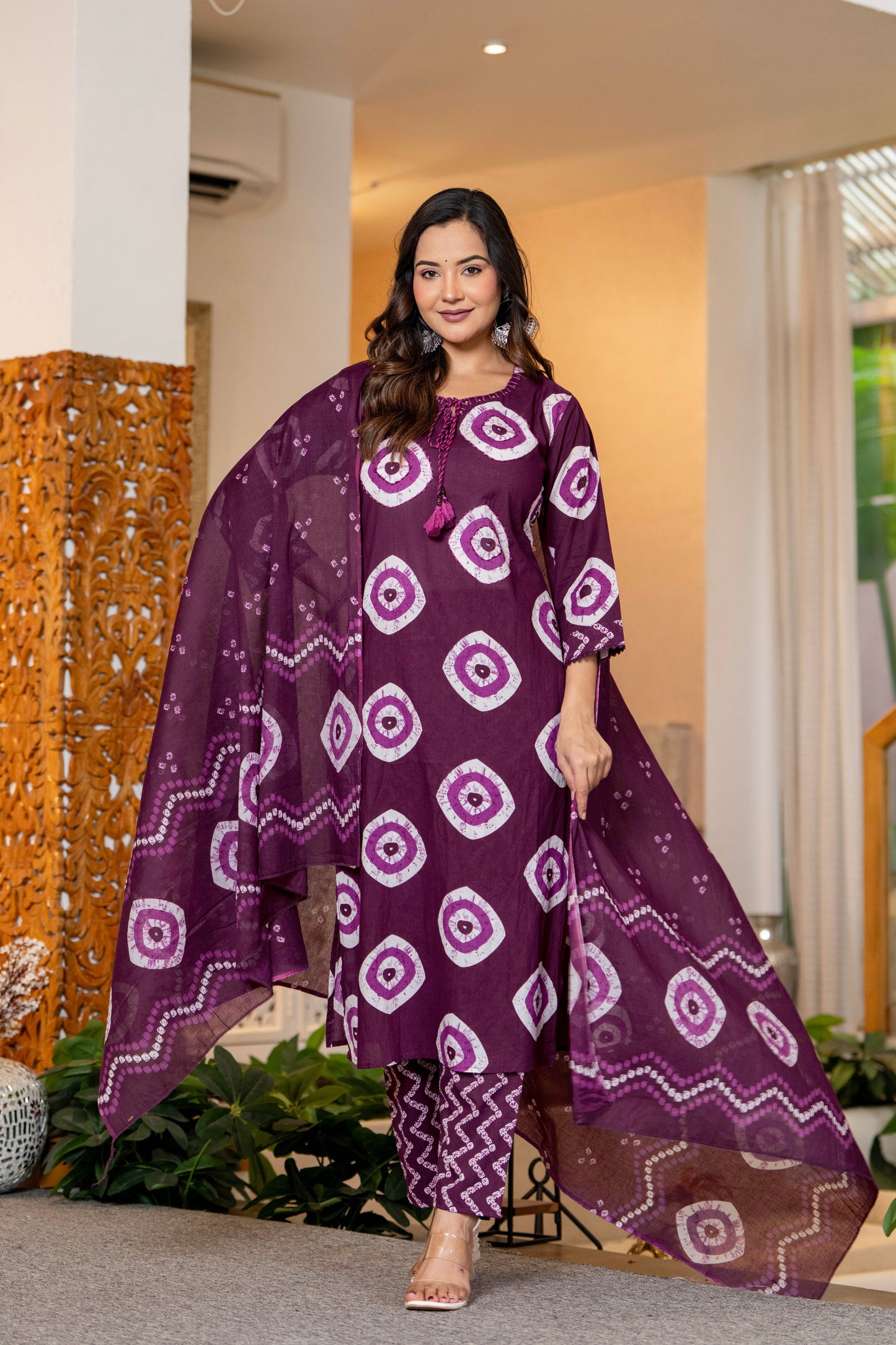 Wine Berry Printed Handwork Suit Set with Dupatta
