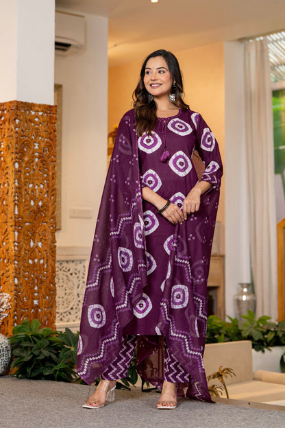 Wine Berry Printed Handwork Suit Set with Dupatta