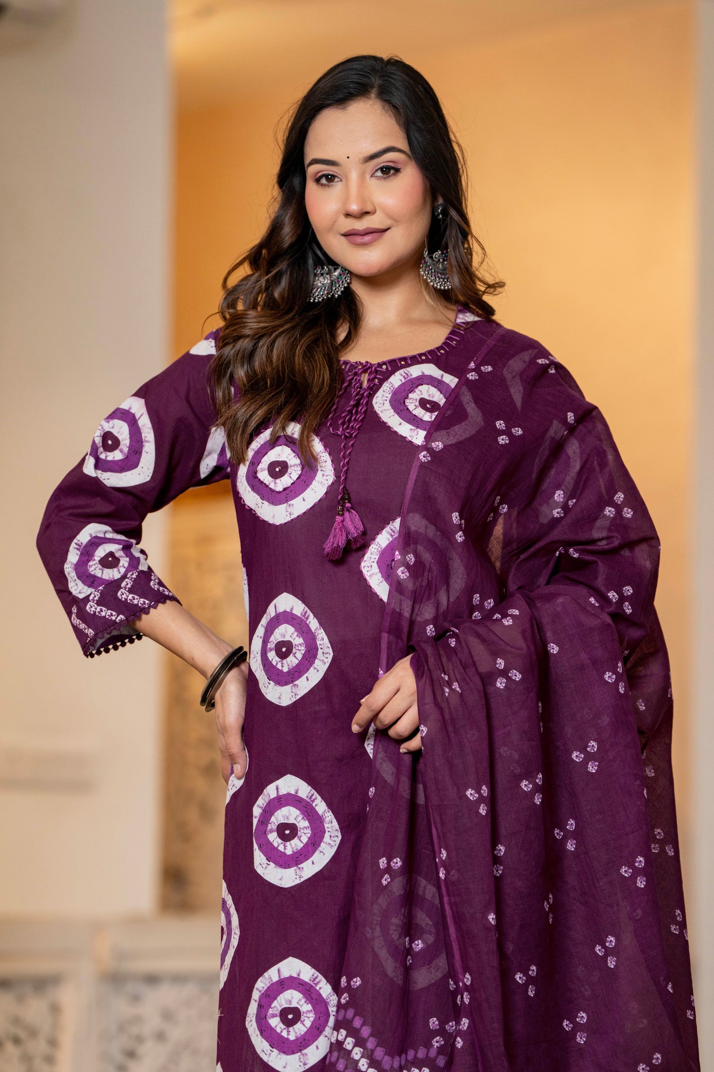 Wine Berry Printed Handwork Suit Set with Dupatta