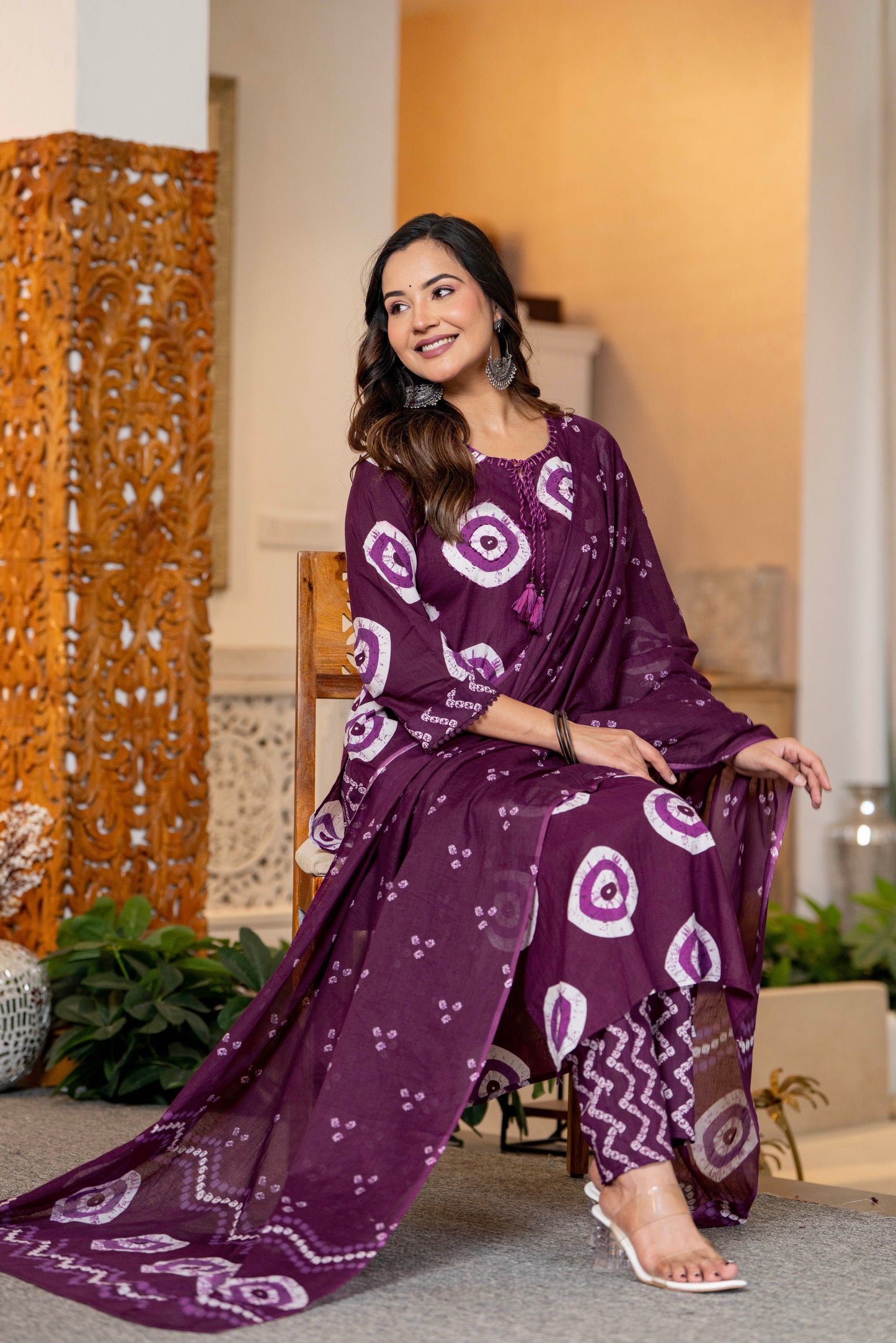 Wine Berry Printed Handwork Suit Set with Dupatta