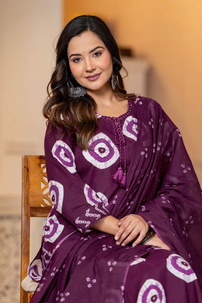 Wine Berry Printed Handwork Suit Set with Dupatta