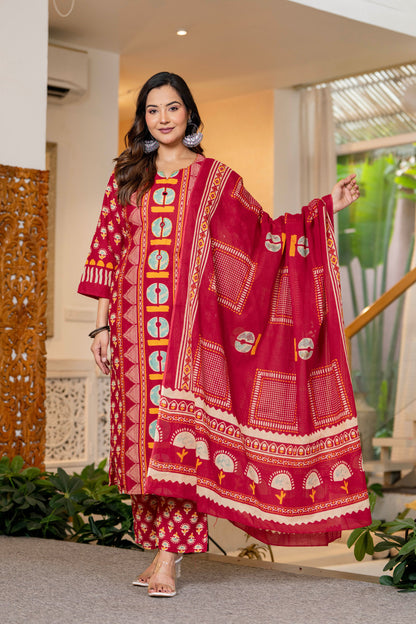 Red Printed Handwork Cotton Suit Set with Dupatta